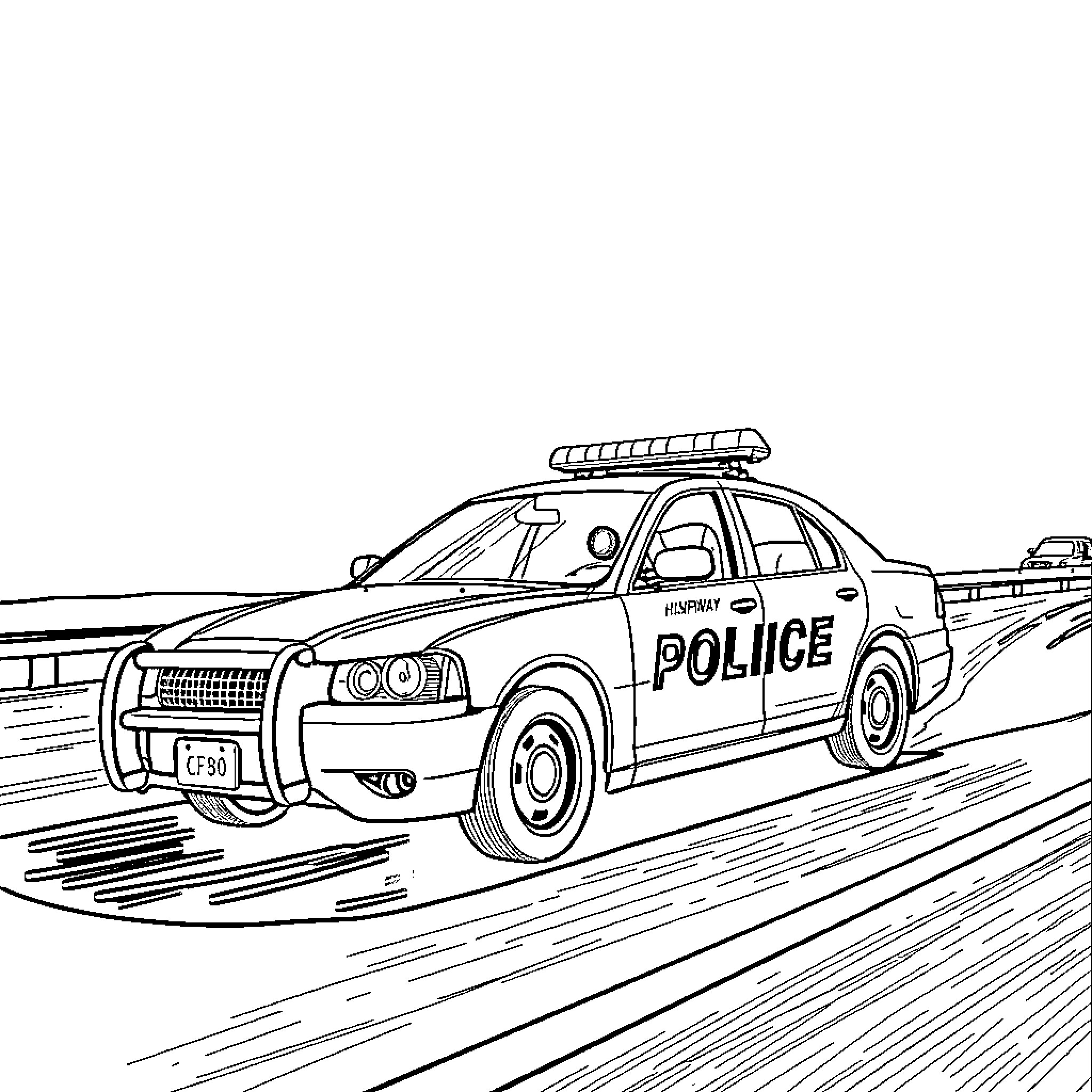 CHP police car speeding on the highway Coloring Page (free black-and-white line drawing printable PDF for all, from beginners to advanced learners, including children, teens, adults, and seniors)