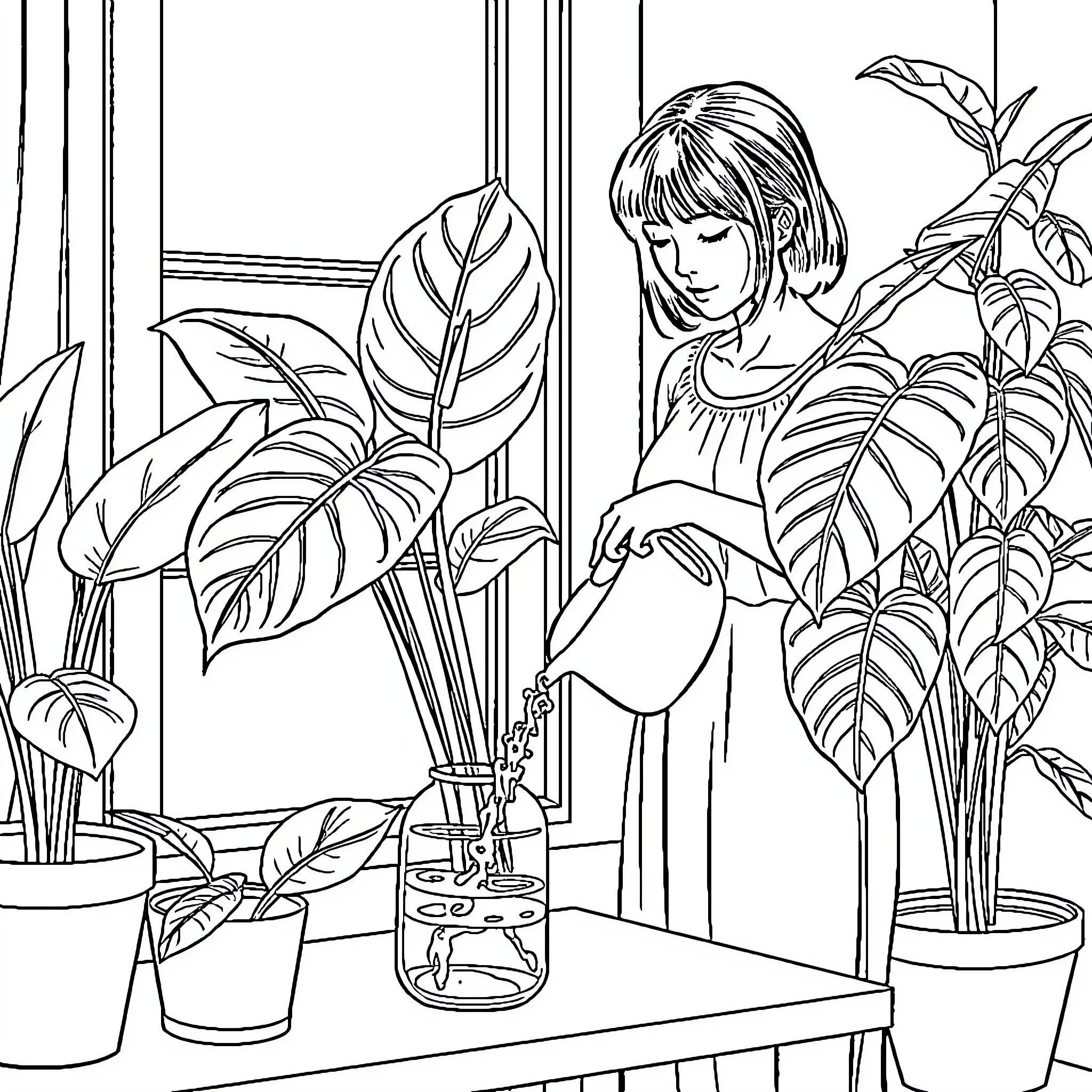 Yuji Itadori tending to plants in a cozy indoor garden Coloring Page (free black-and-white line drawing printable PDF for all, from beginners to advanced learners, including children, teens, adults, and seniors)