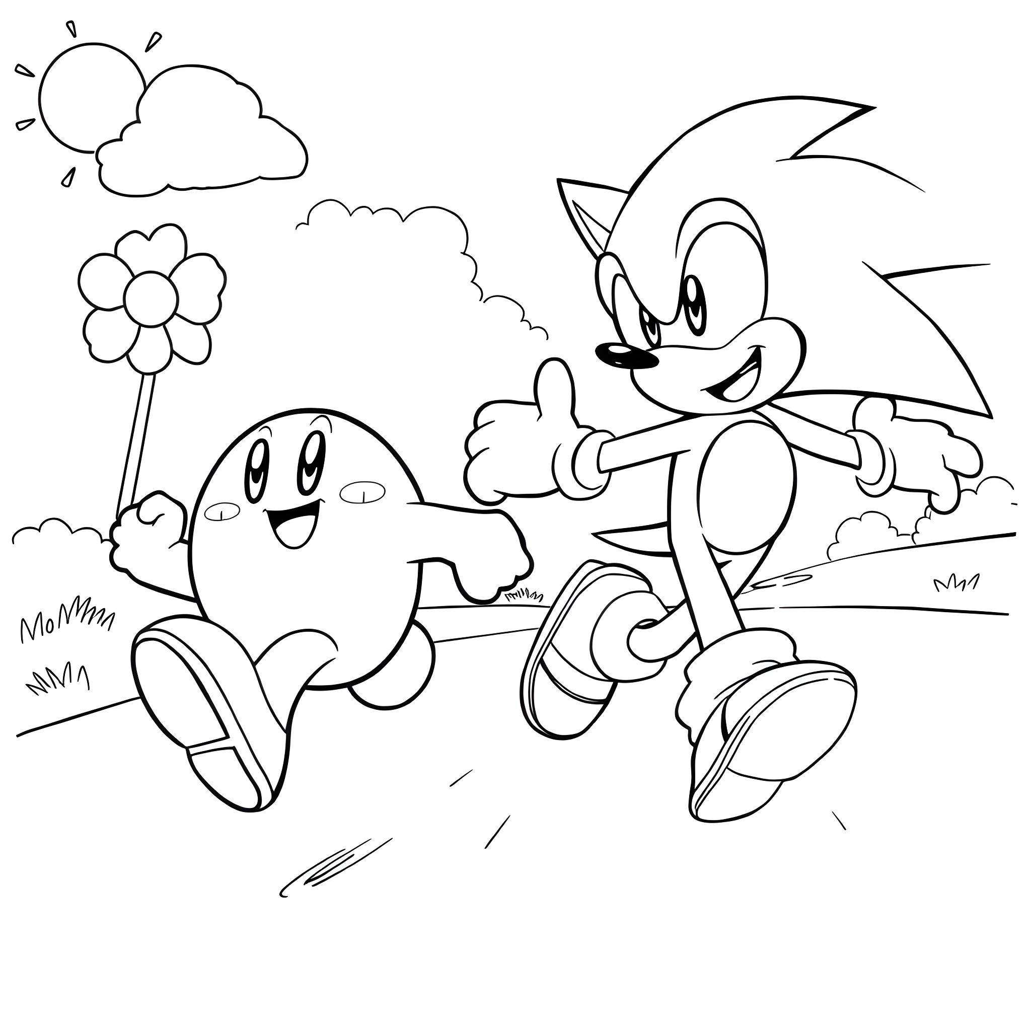 Kirby and Sonic running playfully in the park Coloring Page (free black-and-white line drawing printable PDF for all, from beginners to advanced learners, including children, teens, adults, and seniors)