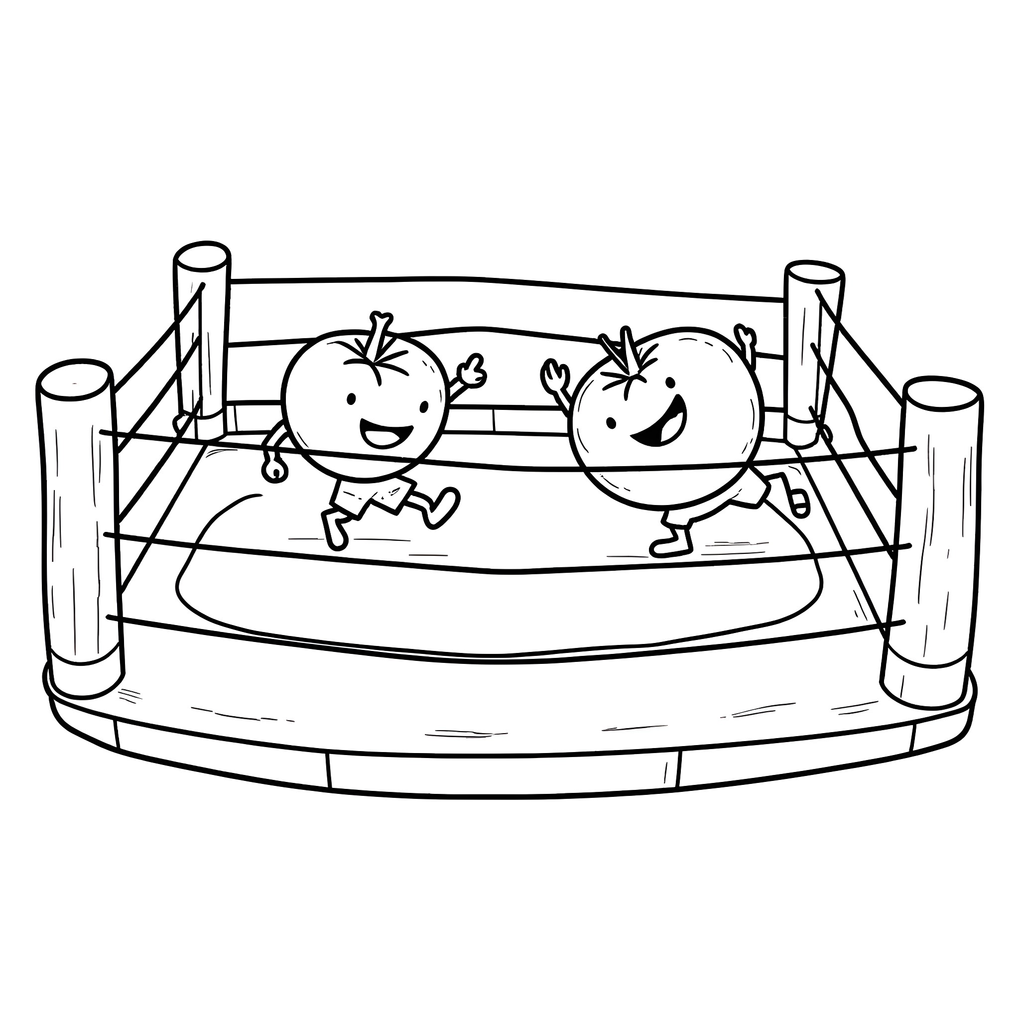 Tomato Buddies Bouncing in Boxing Ring Coloring Page (free black-and-white line drawing printable PDF for all, from beginners to advanced learners, including children, teens, adults, and seniors)