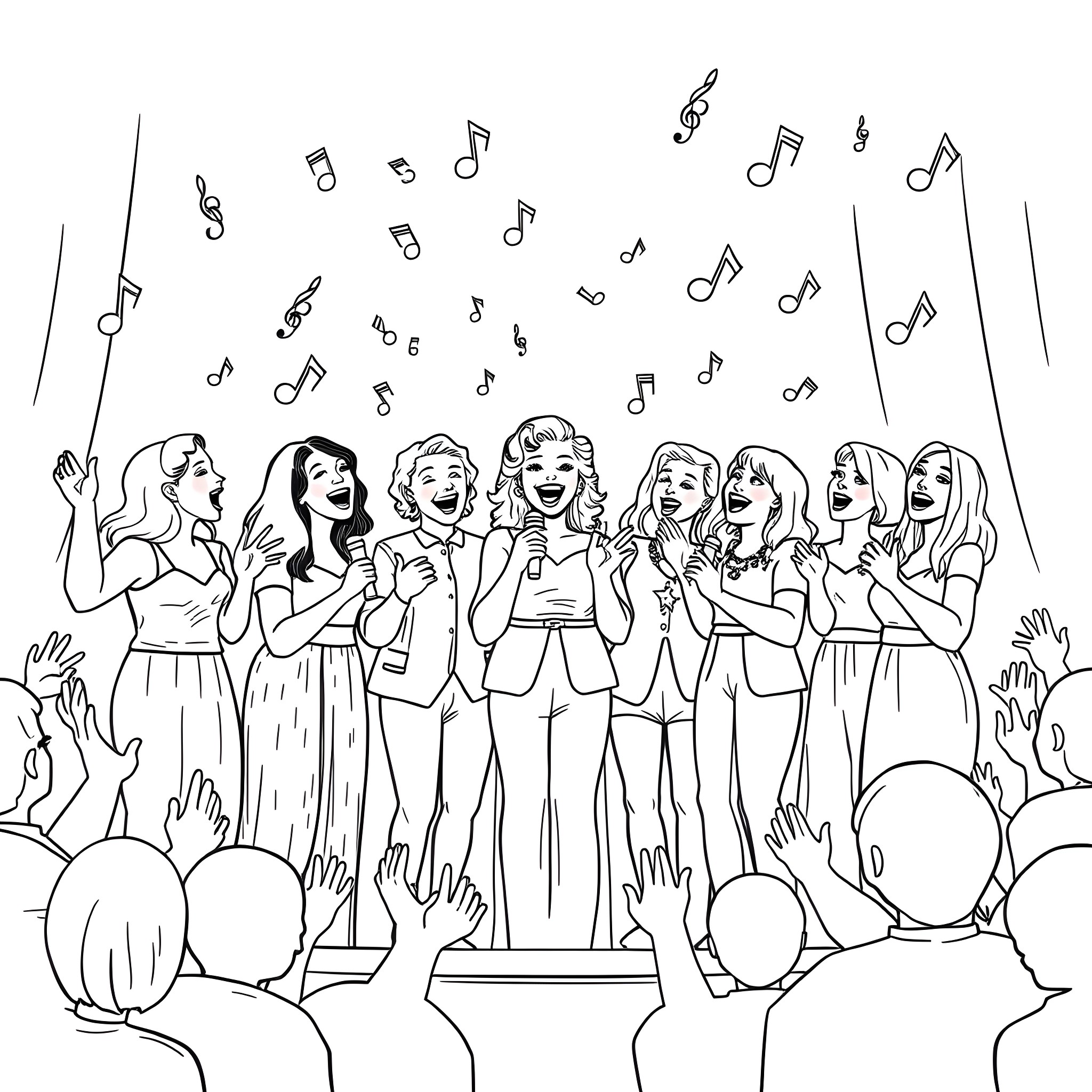 Acappella performance by a group of singers Coloring Page (free black-and-white line drawing printable PDF for all, from beginners to advanced learners, including children, teens, adults, and seniors)