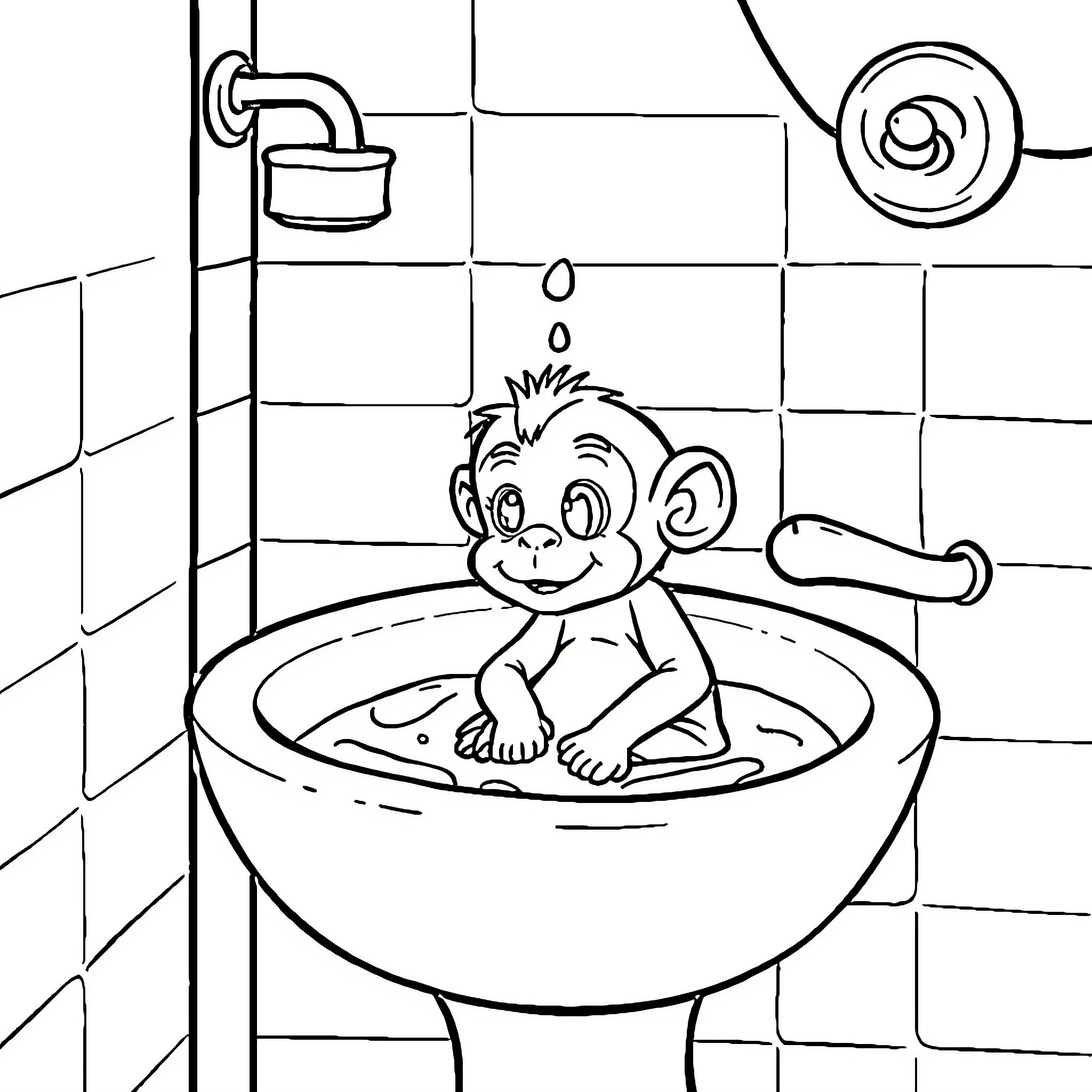 Monkey enjoying a warm bath Coloring Page (free black-and-white line drawing printable PDF for all, from beginners to advanced learners, including children, teens, adults, and seniors)