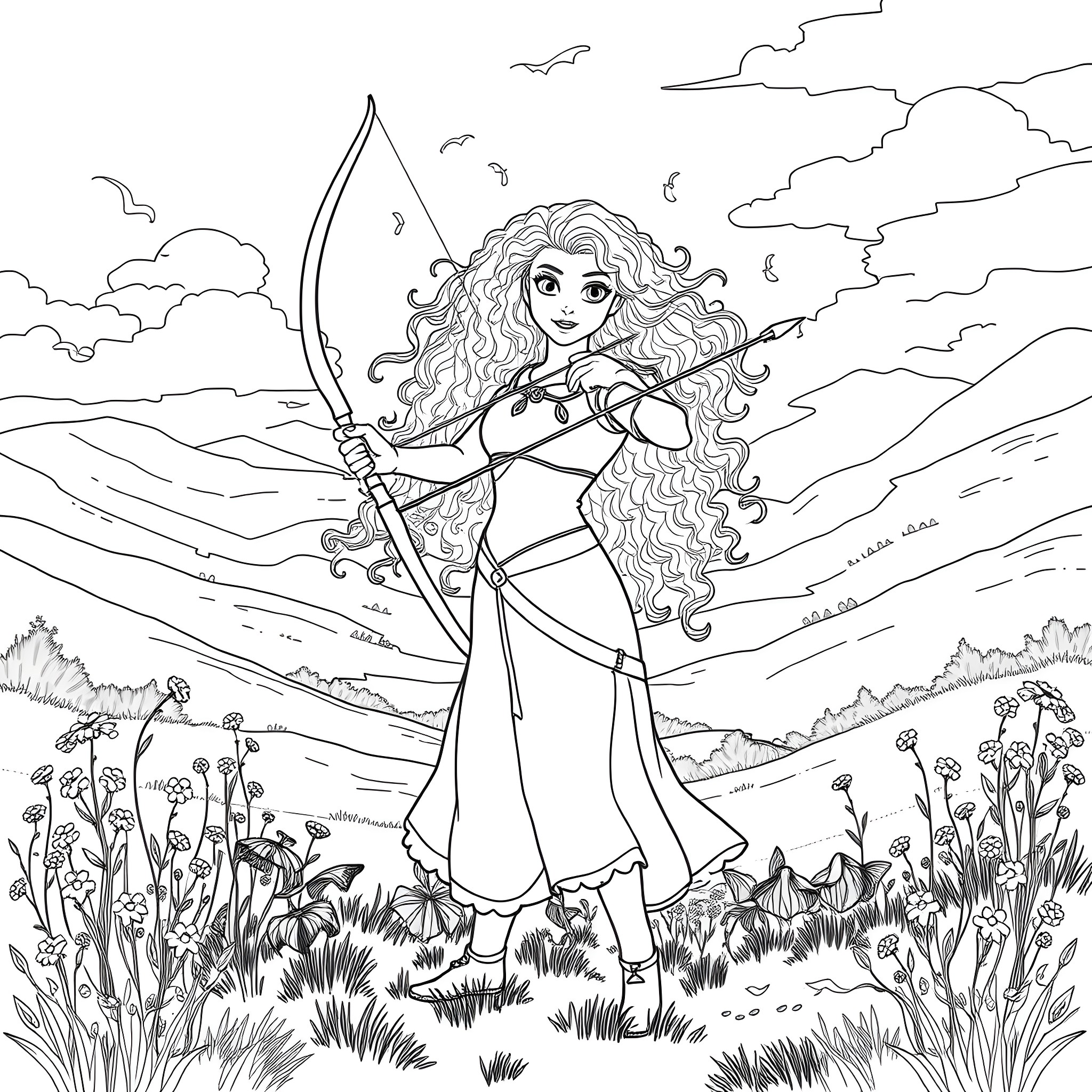 Merida practicing archery in the countryside Coloring Page (free black-and-white line drawing printable PDF for all, from beginners to advanced learners, including children, teens, adults, and seniors)