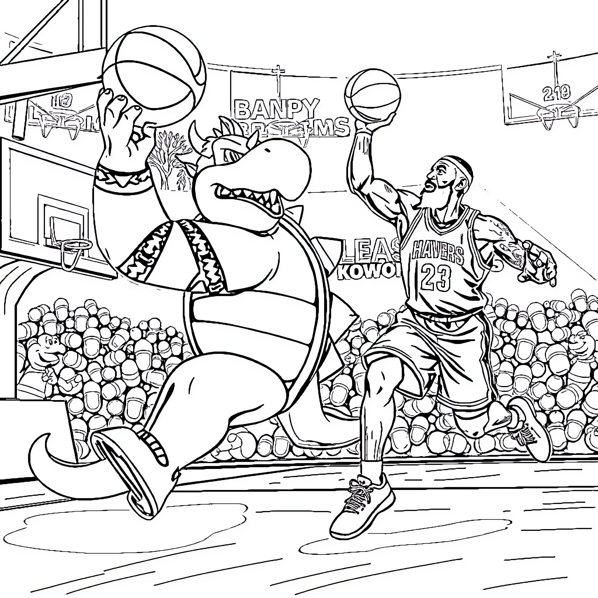 Bowser playing basketball with cartoon characters Coloring Page (free black-and-white line drawing printable PDF for all, from beginners to advanced learners, including children, teens, adults, and seniors)