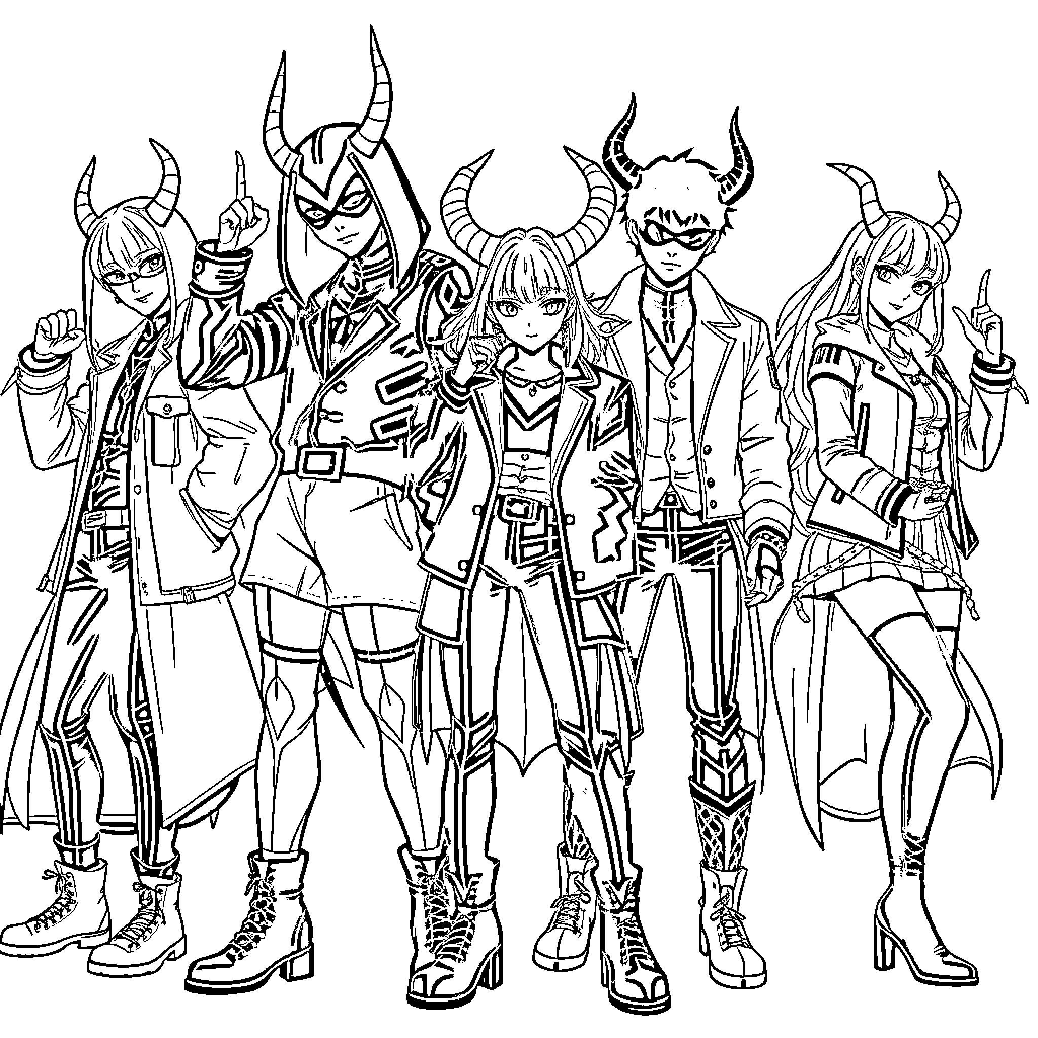 Demon Hunter Team in Action-Packed Battle Gear Coloring Page (free black-and-white line drawing printable PDF for all, from beginners to advanced learners, including children, teens, adults, and seniors)