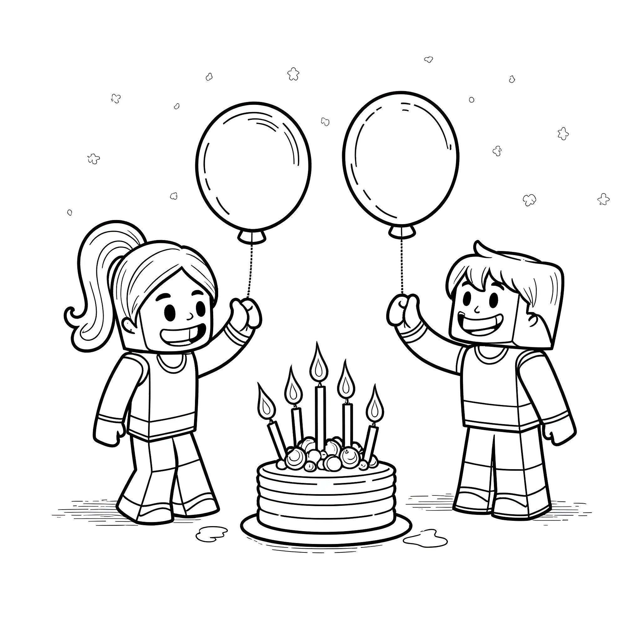 Minecraft Characters Celebrating Birthday with Cake and Balloons Coloring Page (free black-and-white line drawing printable PDF for all, from beginners to advanced learners, including children, teens, adults, and seniors)