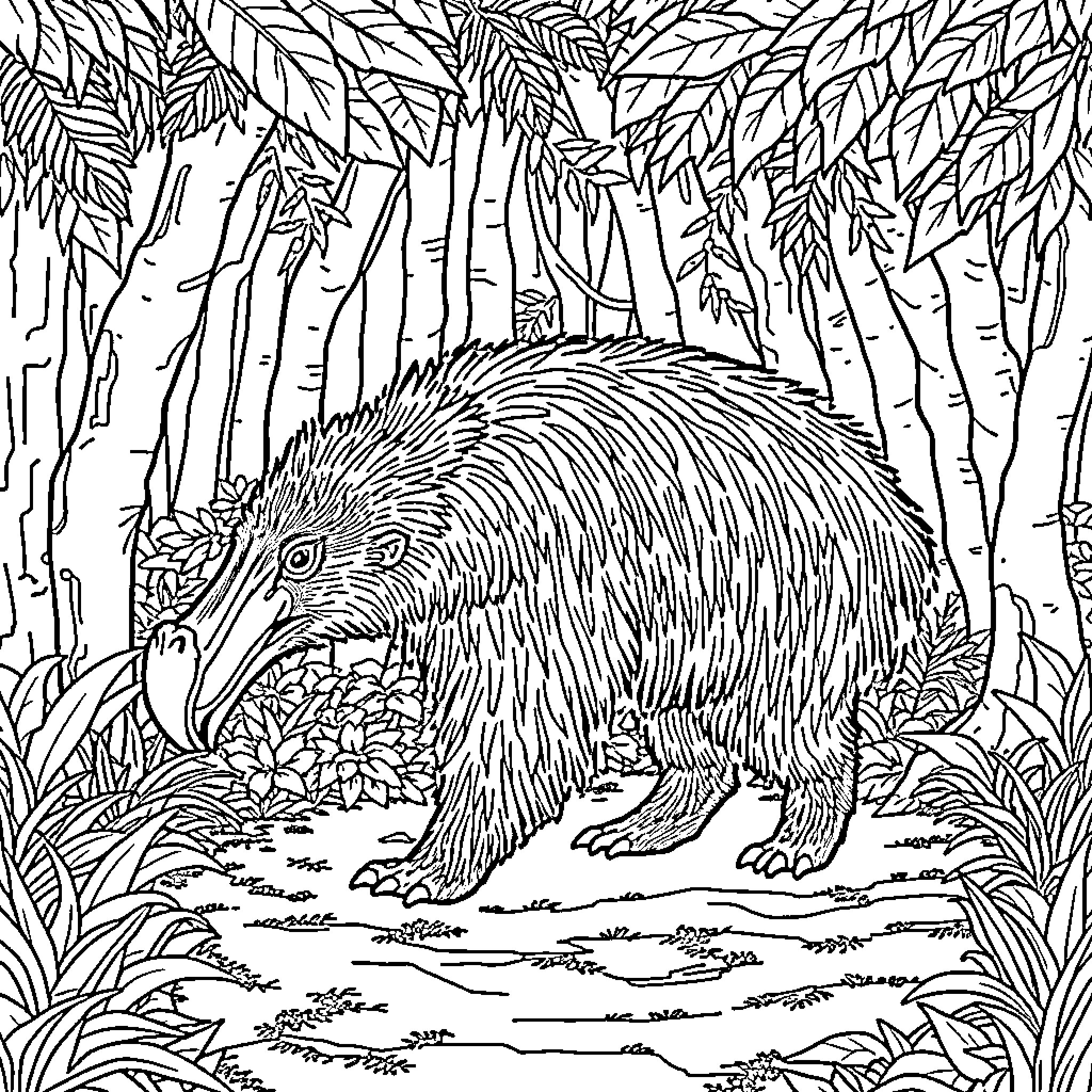 Anteater foraging in the forest Coloring Page (free black-and-white line drawing printable PDF for all, from beginners to advanced learners, including children, teens, adults, and seniors)