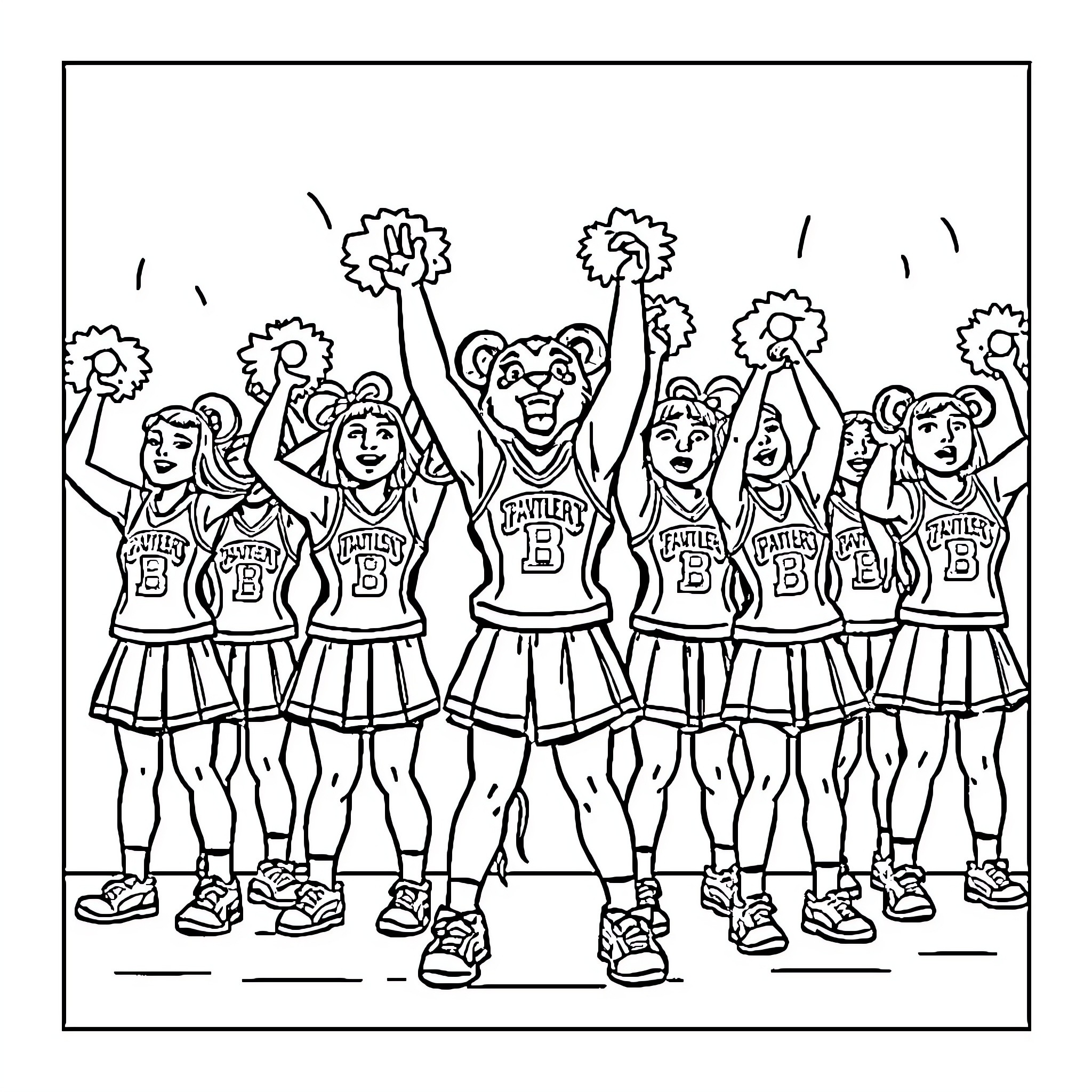 Panther cheerleaders celebrating with enthusiasm Coloring Page (free black-and-white line drawing printable PDF for all, from beginners to advanced learners, including children, teens, adults, and seniors)
