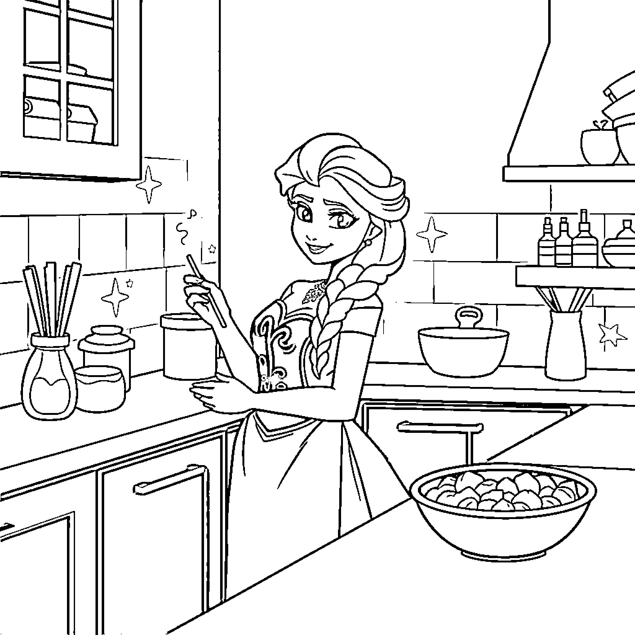 Elsa baking treats in the kitchen Coloring Page (free black-and-white line drawing printable PDF for all, from beginners to advanced learners, including children, teens, adults, and seniors)