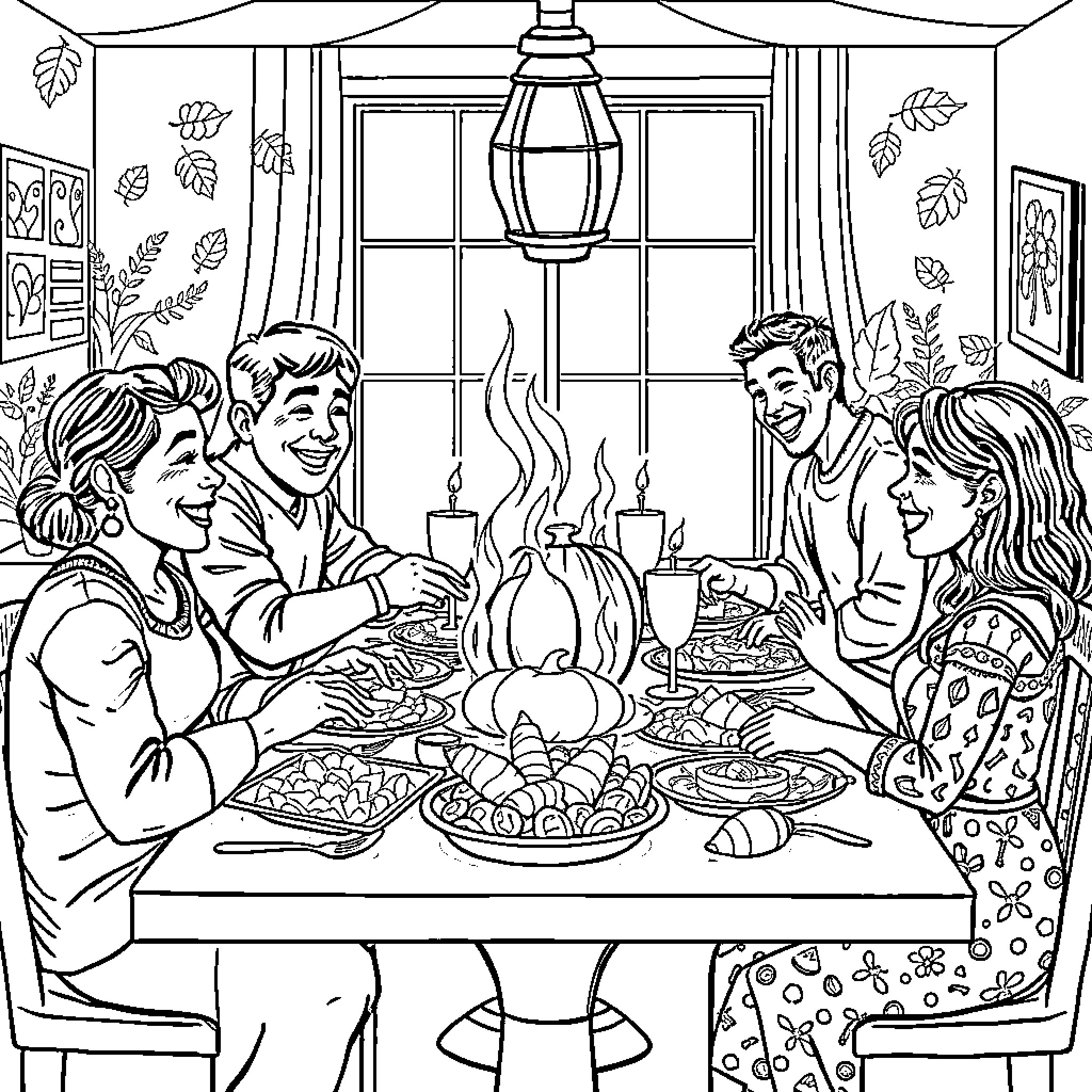 Family Enjoying a Cozy Thanksgiving Dinner Together Coloring Page (free black-and-white line drawing printable PDF for all, from beginners to advanced learners, including children, teens, adults, and seniors)
