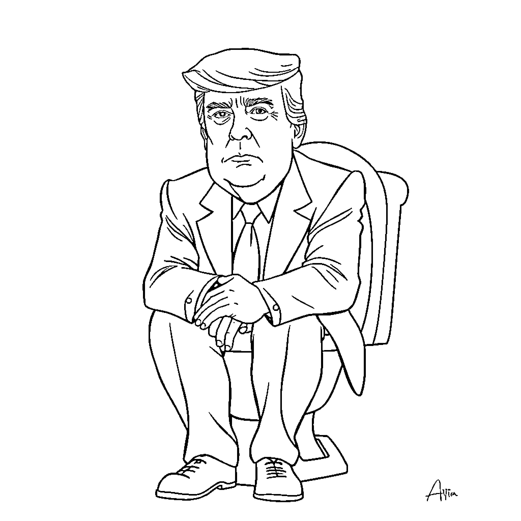 Donald Trump sitting with a serious expression Coloring Page (free black-and-white line drawing printable PDF for all, from beginners to advanced learners, including children, teens, adults, and seniors)