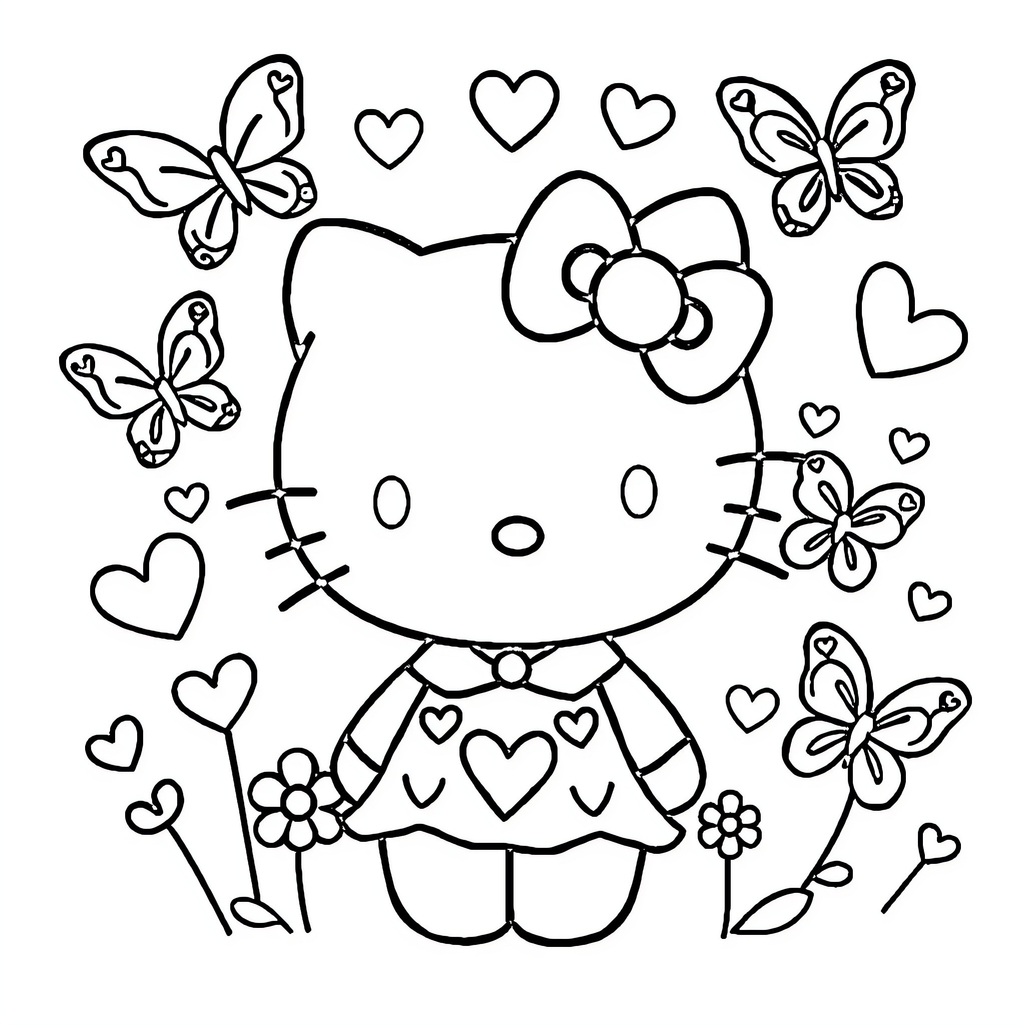 Hello Kitty surrounded by hearts and butterflies Coloring Page (free black-and-white line drawing printable PDF for all, from beginners to advanced learners, including children, teens, adults, and seniors)