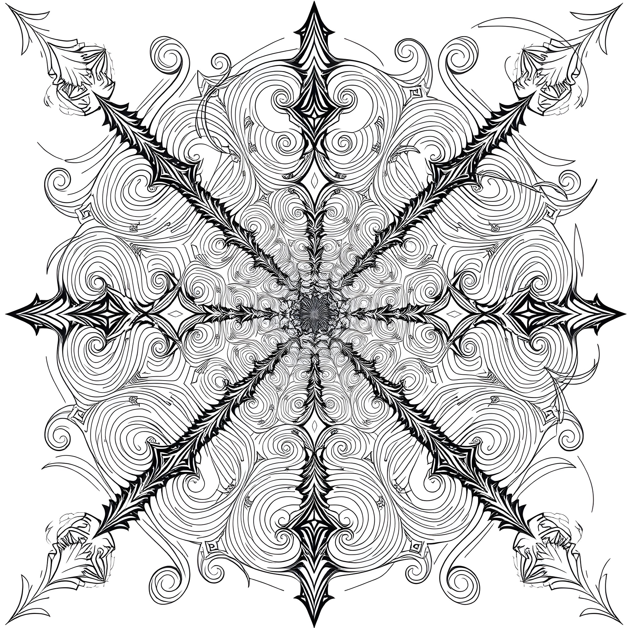 Fractal Symmetrical Mandala Design Coloring Page (free black-and-white line drawing printable PDF for all, from beginners to advanced learners, including children, teens, adults, and seniors)