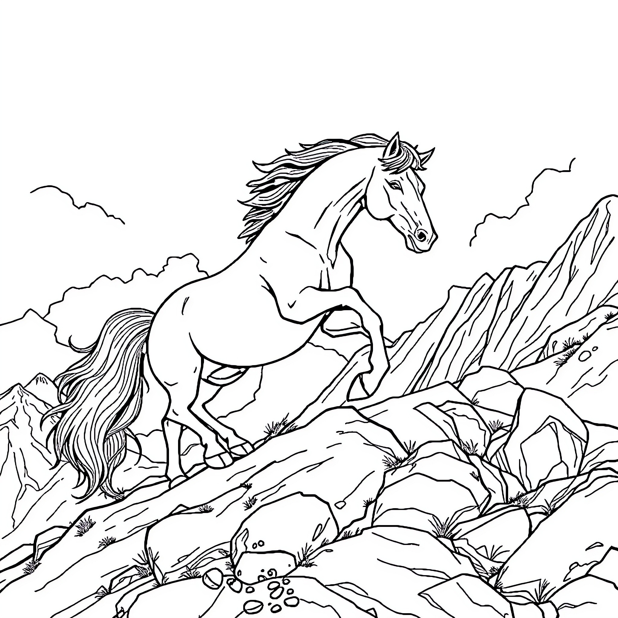 Horse galloping through mountainous landscape Coloring Page (free black-and-white line drawing printable PDF for all, from beginners to advanced learners, including children, teens, adults, and seniors)