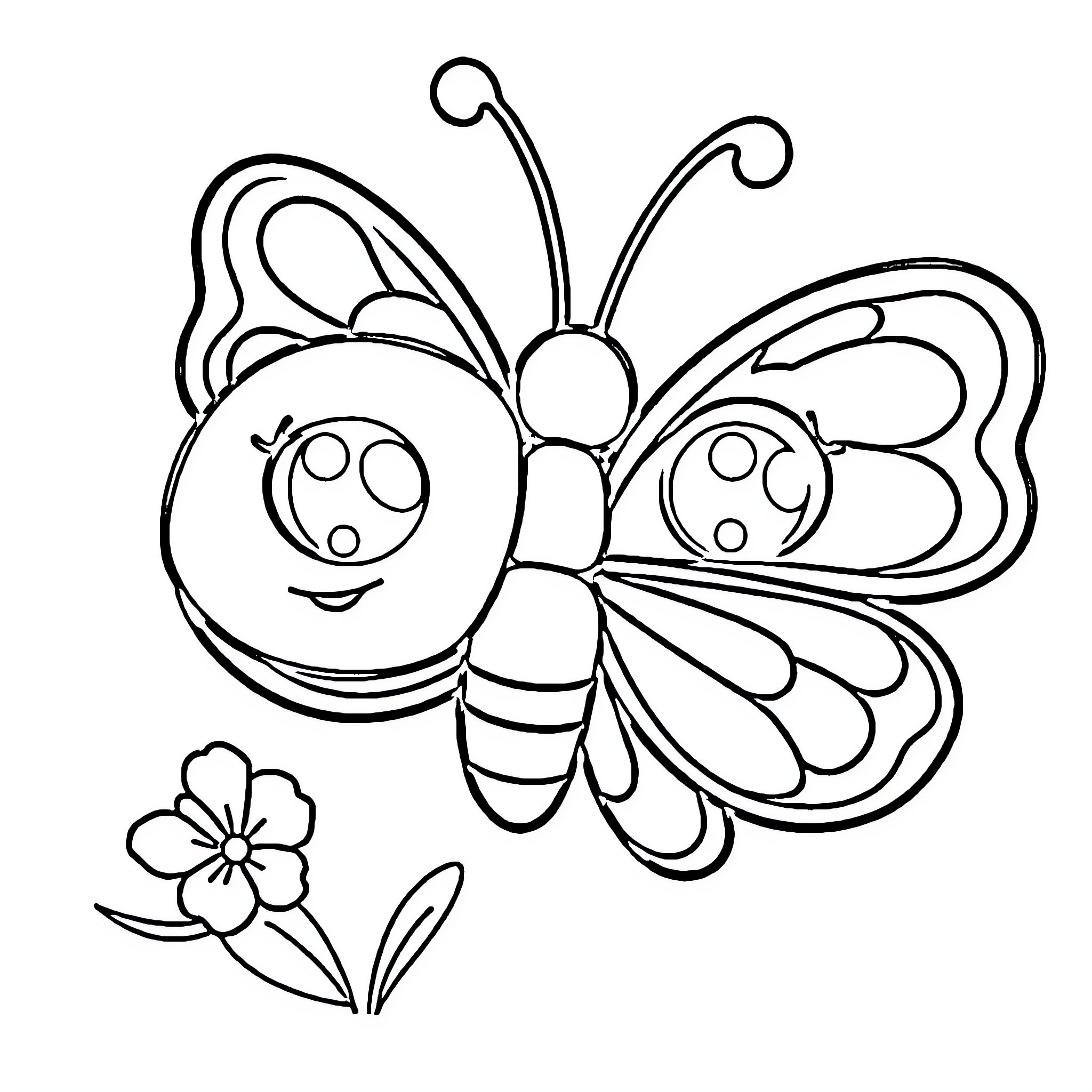 Butterfly with whimsical design and flower Coloring Page (free black-and-white line drawing printable PDF for all, from beginners to advanced learners, including children, teens, adults, and seniors)