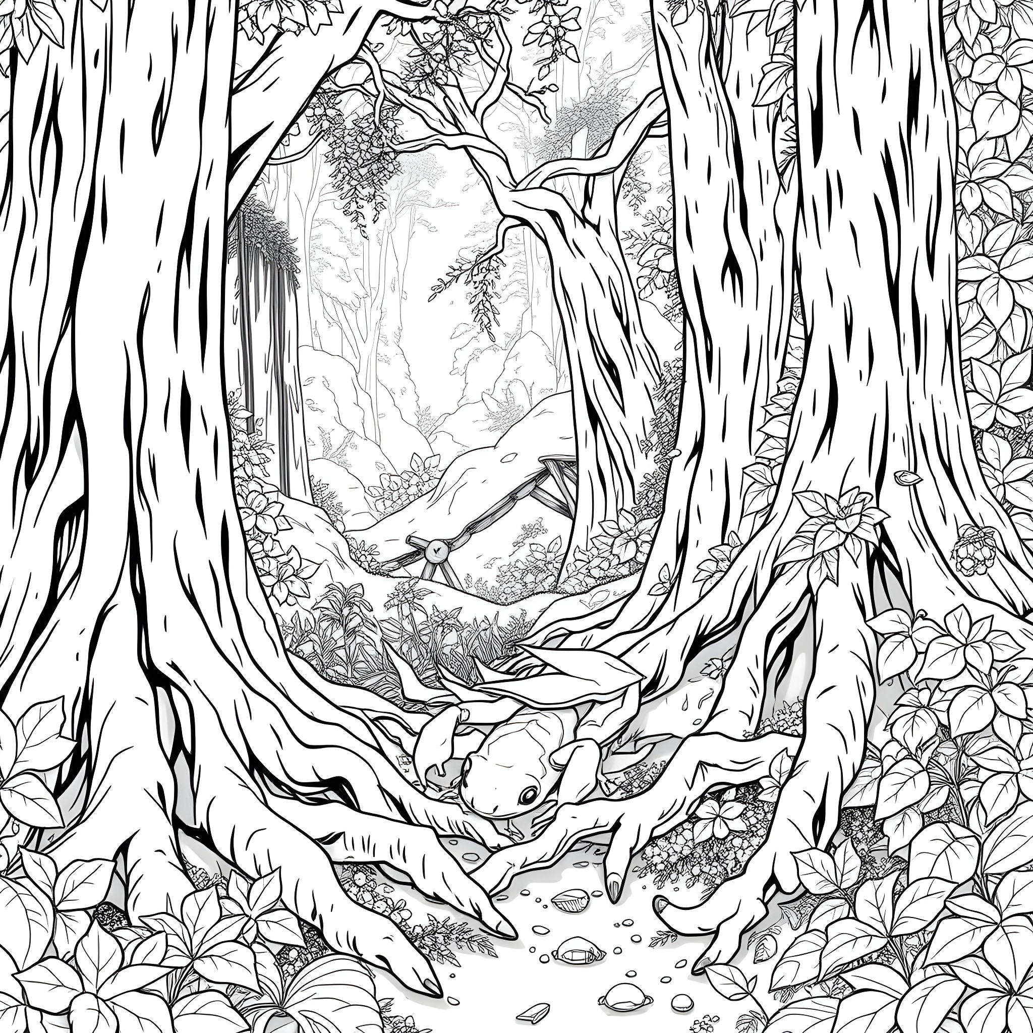 Crab in a Magical Forest Coloring Page (free black-and-white line drawing printable PDF for all, from beginners to advanced learners, including children, teens, adults, and seniors)