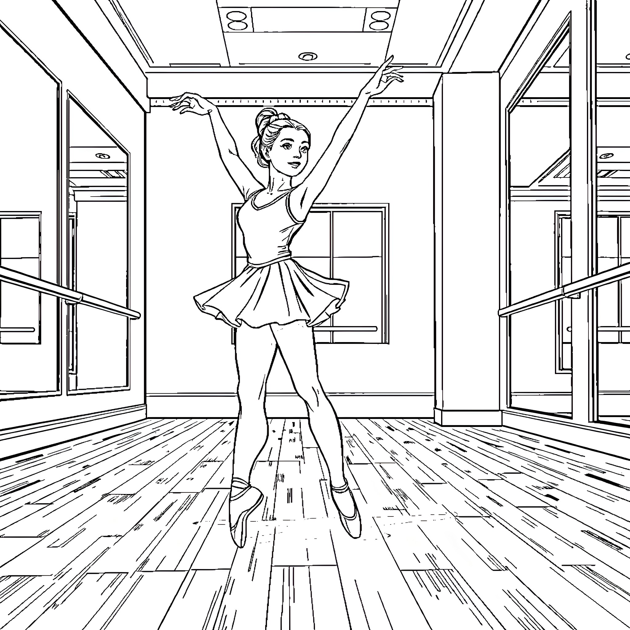Ballet Dancer Performing Graceful Routine in Studio Coloring Page (free black-and-white line drawing printable PDF for all, from beginners to advanced learners, including children, teens, adults, and seniors)