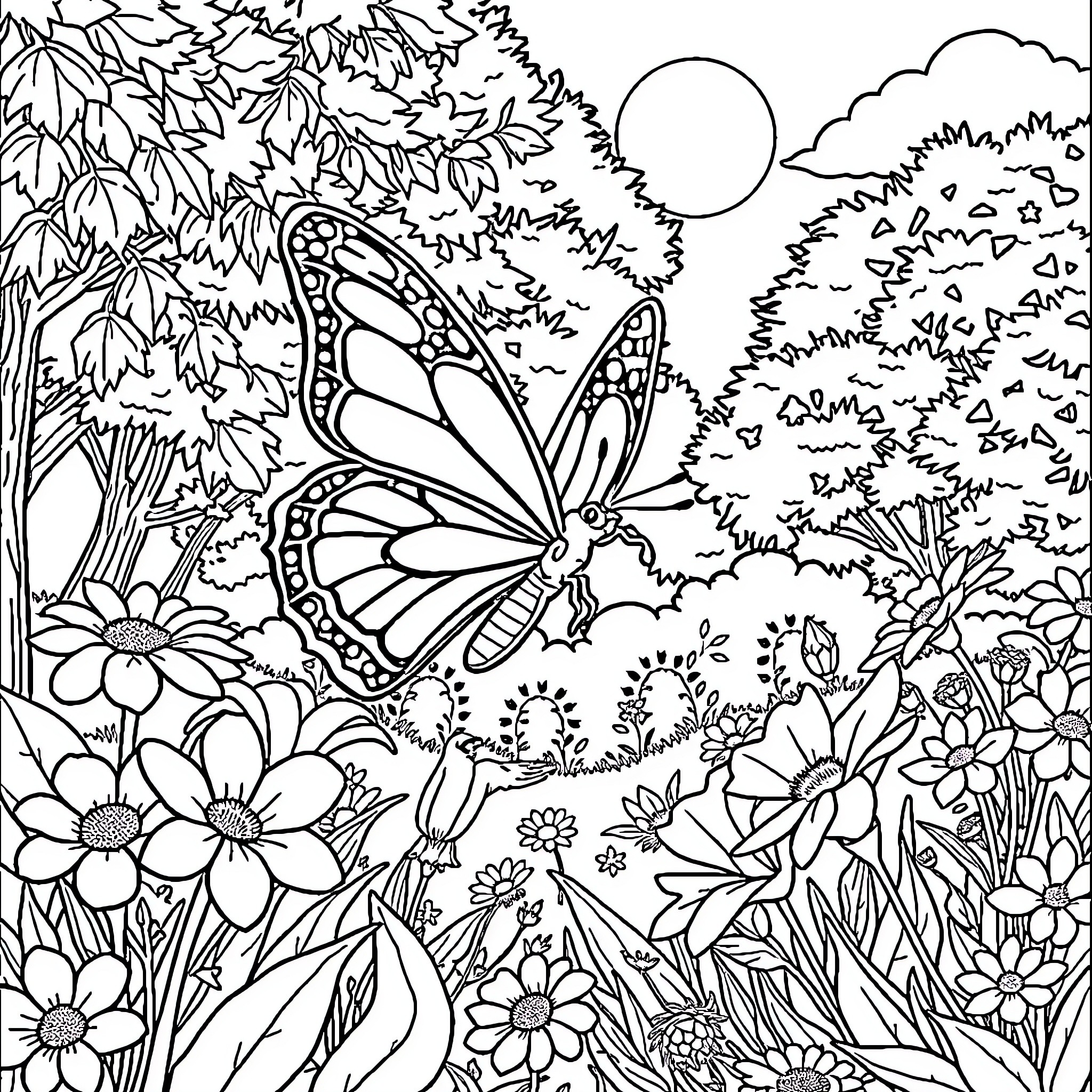 Butterfly resting amidst vibrant floral scenery Coloring Page (free black-and-white line drawing printable PDF for all, from beginners to advanced learners, including children, teens, adults, and seniors)