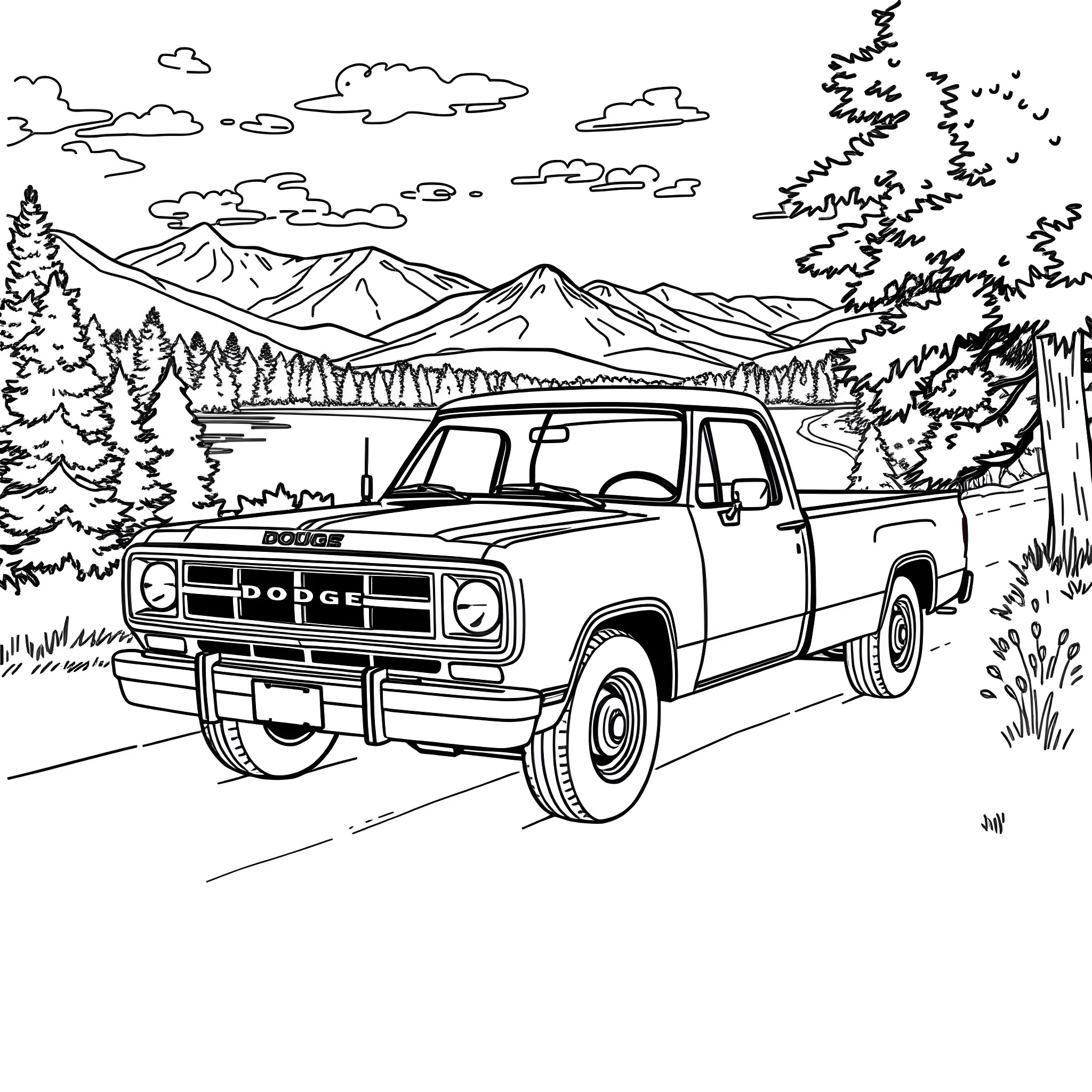 Dodge Pickup exploring scenic mountain landscape Coloring Page (free black-and-white line drawing printable PDF for all, from beginners to advanced learners, including children, teens, adults, and seniors)