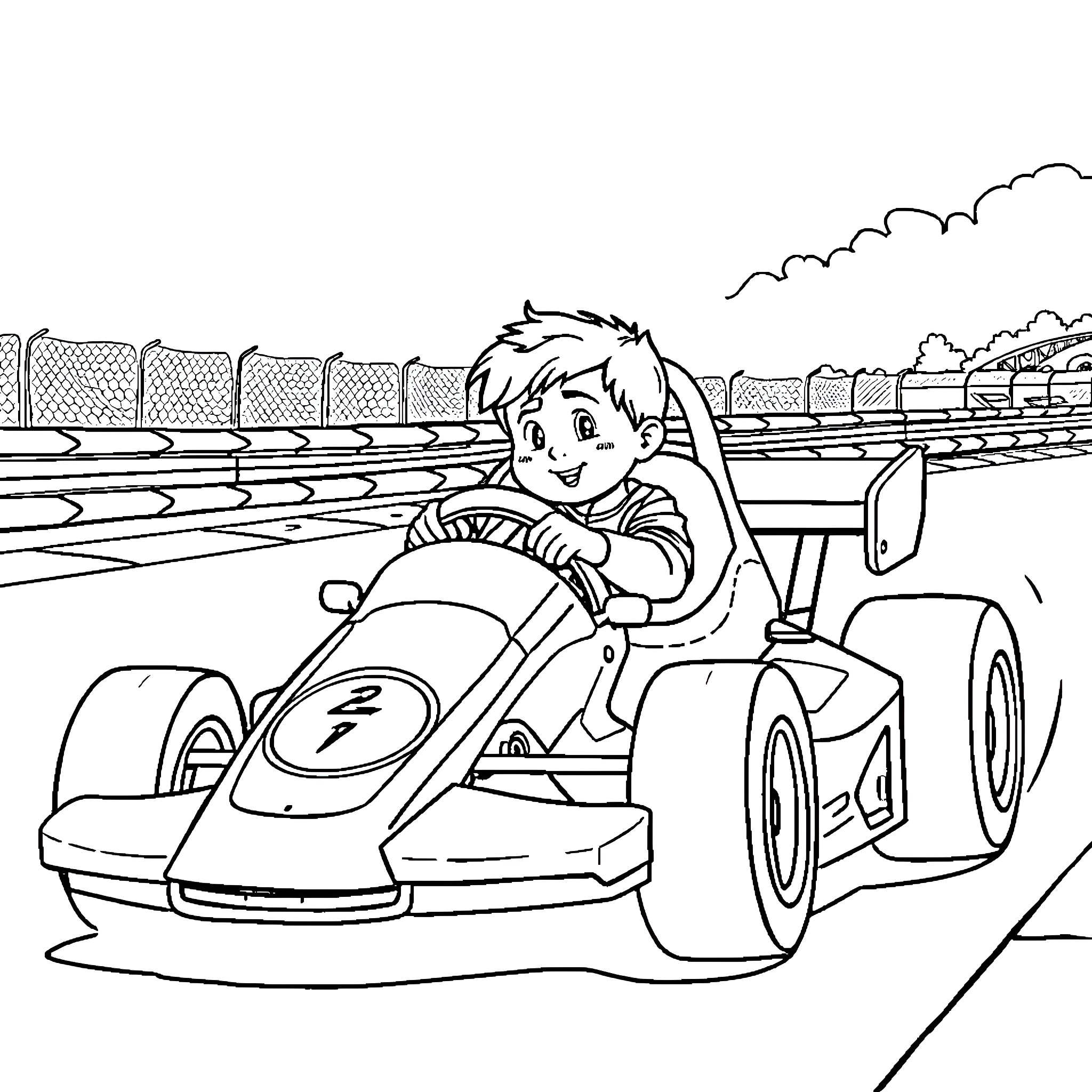 Noah's Exciting Go-Kart Race Coloring Page (free black-and-white line drawing printable PDF for all, from beginners to advanced learners, including children, teens, adults, and seniors)