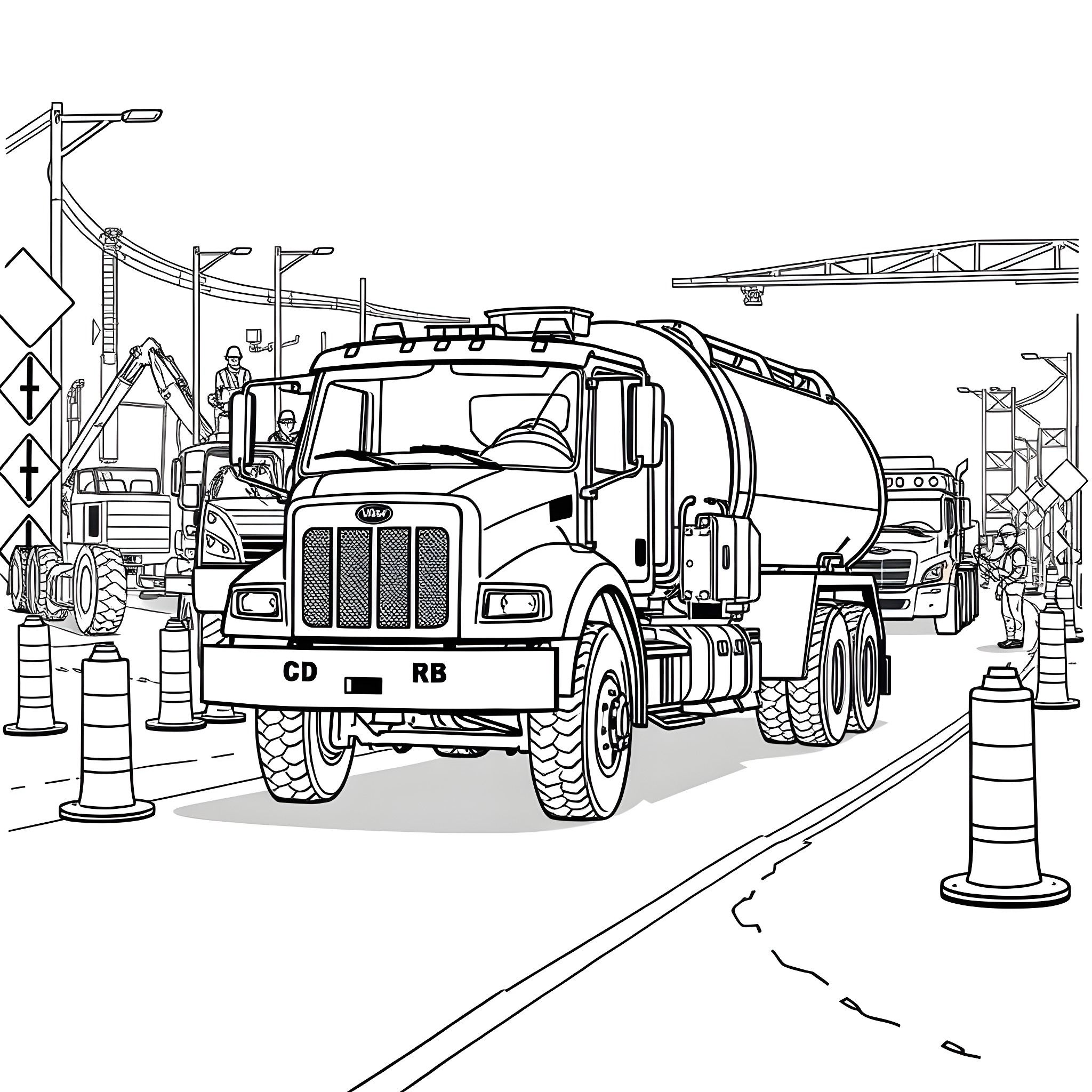Water Truck Transporting Supplies on Construction Site Coloring Page (free black-and-white line drawing printable PDF for all, from beginners to advanced learners, including children, teens, adults, and seniors)
