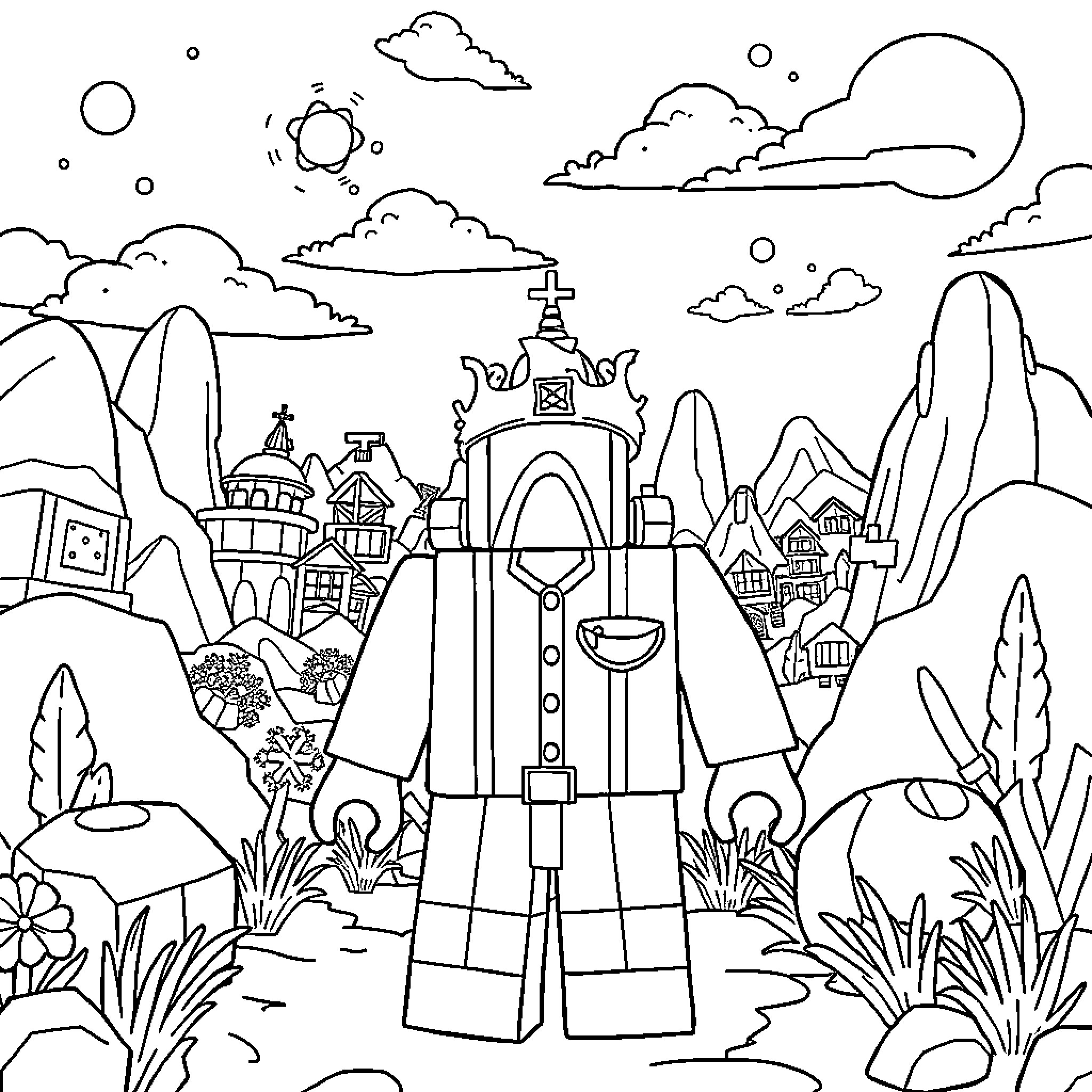 Roblox character exploring a fantasy landscape Coloring Page (free black-and-white line drawing printable PDF for all, from beginners to advanced learners, including children, teens, adults, and seniors)