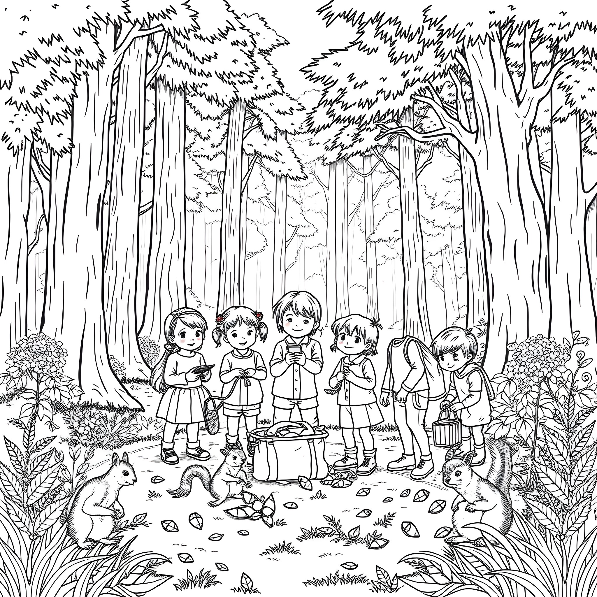 Kid Friends Playing in the Forest Coloring Page (free black-and-white line drawing printable PDF for all, from beginners to advanced learners, including children, teens, adults, and seniors)