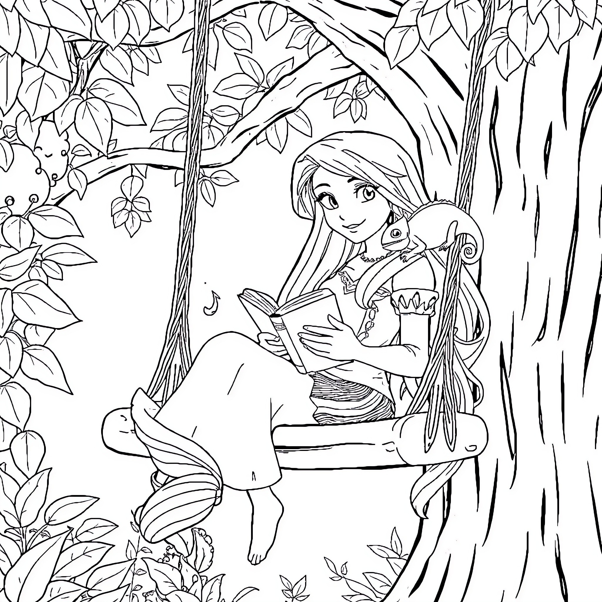 Rapunzel reading a book under the tree Coloring Page (free black-and-white line drawing printable PDF for all, from beginners to advanced learners, including children, teens, adults, and seniors)
