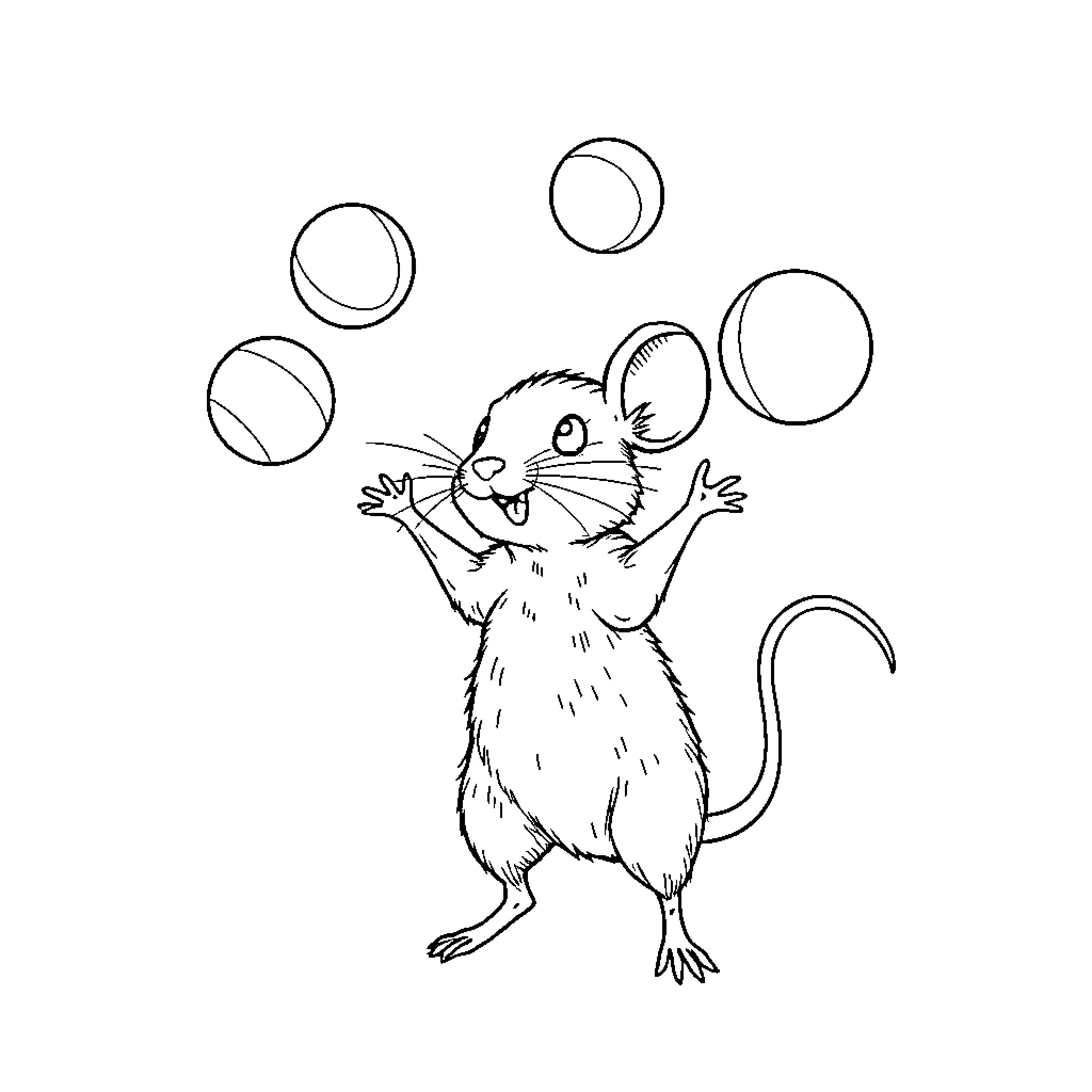 Mouse juggling playful bubbles Coloring Page (free black-and-white line drawing printable PDF for all, from beginners to advanced learners, including children, teens, adults, and seniors)