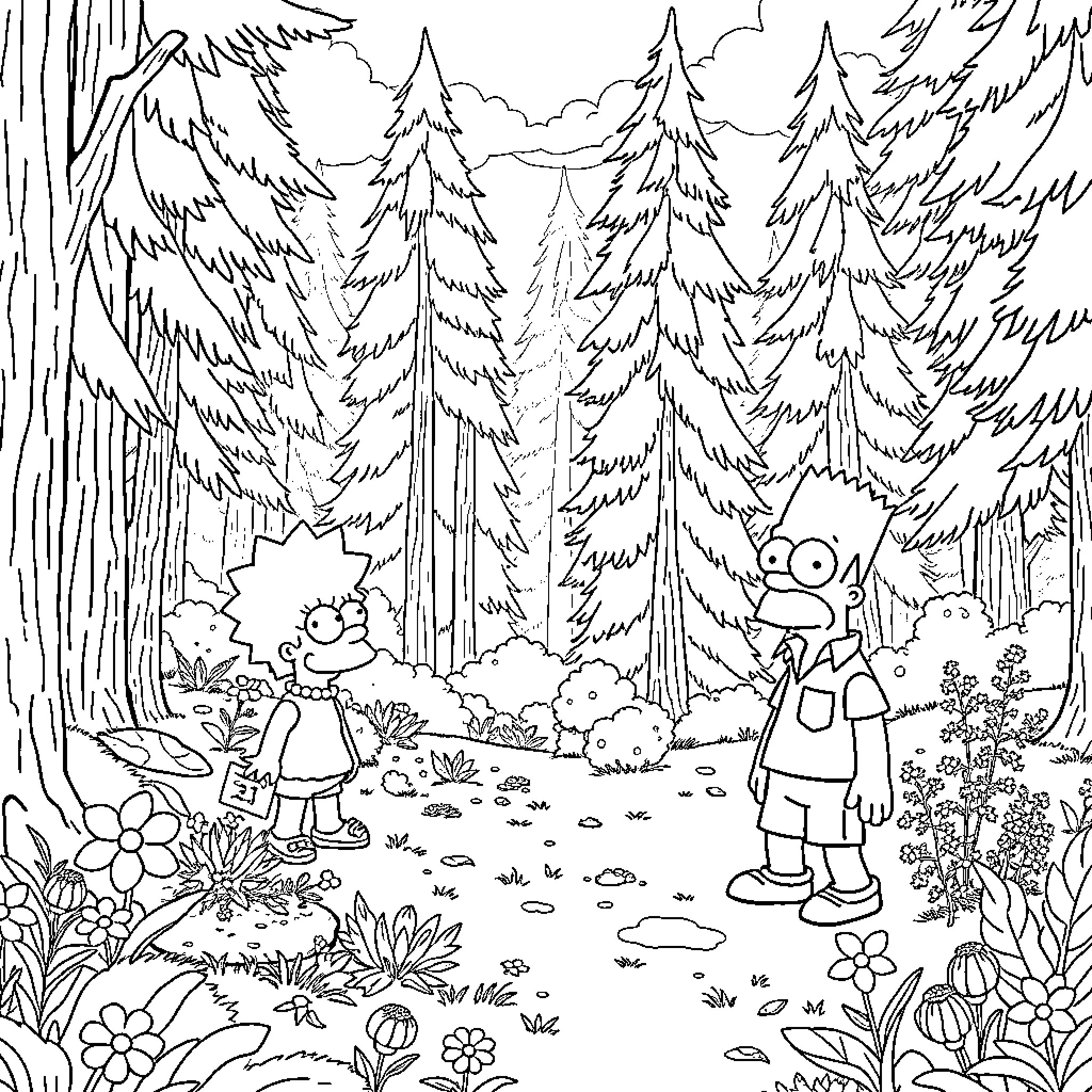 Simpsons Exploring the Enchanted Forest Coloring Page (free black-and-white line drawing printable PDF for all, from beginners to advanced learners, including children, teens, adults, and seniors)