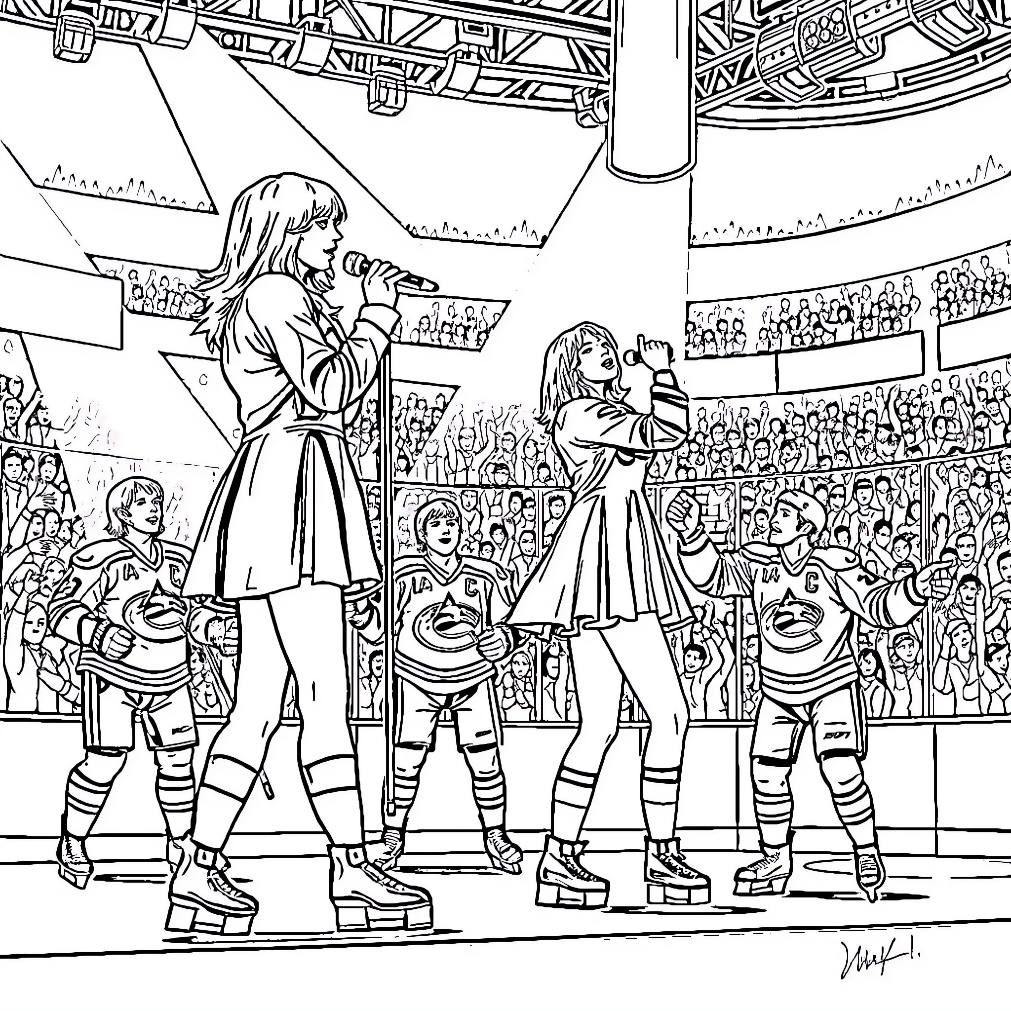 Taylor Swift's Electrifying Stage Performance Coloring Page (free black-and-white line drawing printable PDF for all, from beginners to advanced learners, including children, teens, adults, and seniors)
