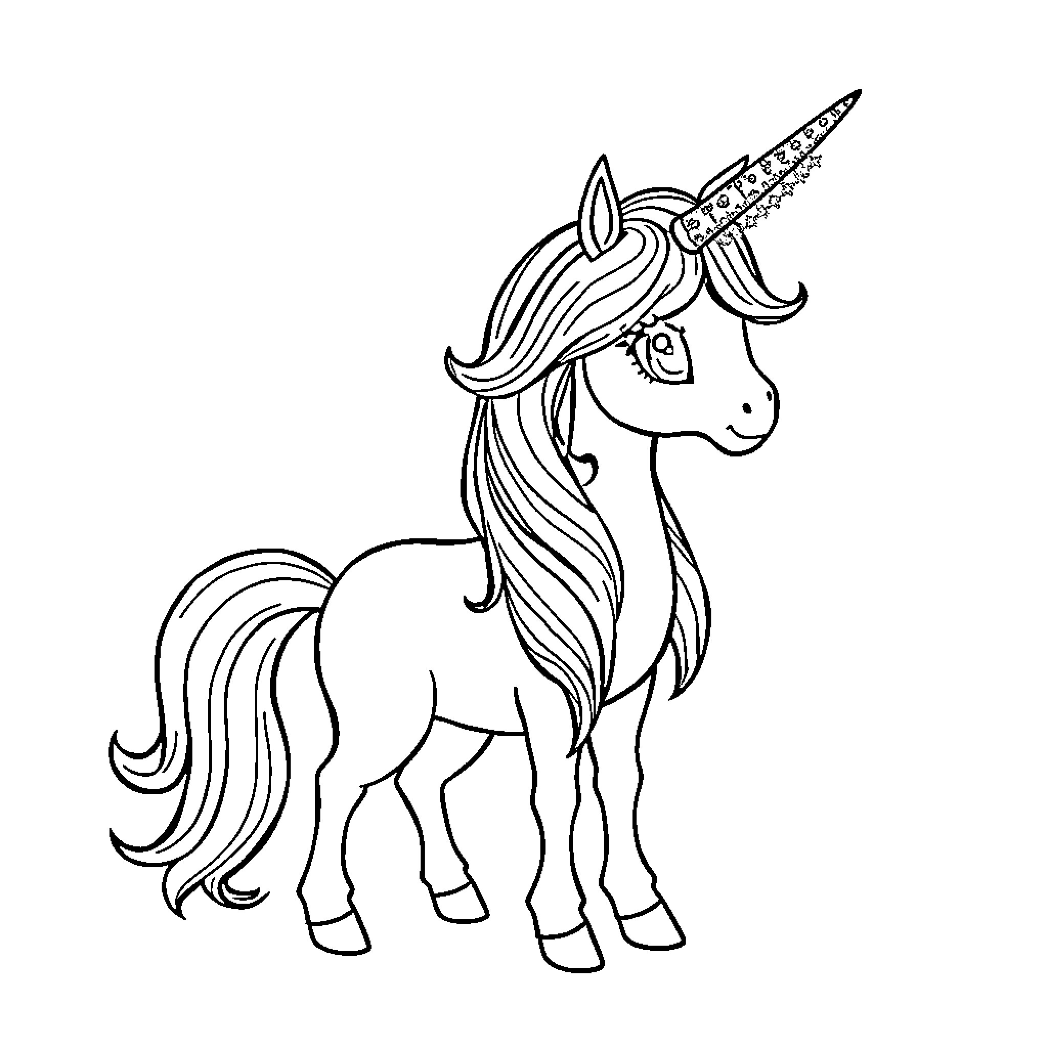 Yunikorn with Decorative Horn and Mane Coloring Page (free black-and-white line drawing printable PDF for all, from beginners to advanced learners, including children, teens, adults, and seniors)