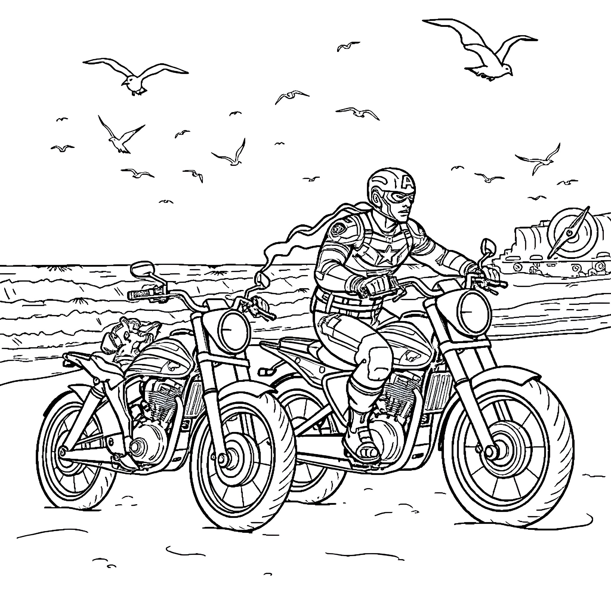 Iron Man riding motorcycles on the beach with seagulls Coloring Page (free black-and-white line drawing printable PDF for all, from beginners to advanced learners, including children, teens, adults, and seniors)