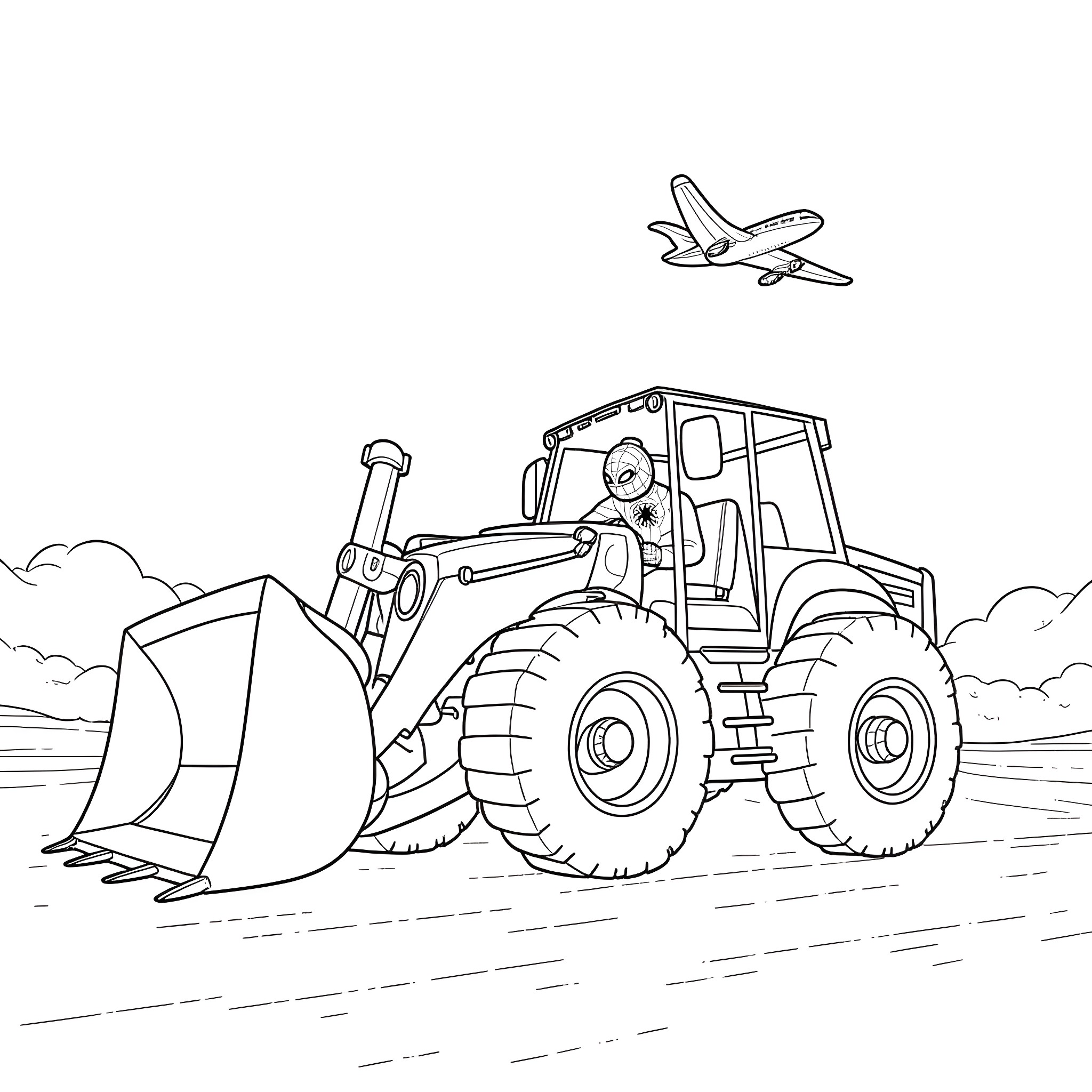 Spiderman operating a construction vehicle in the sky Coloring Page (free black-and-white line drawing printable PDF for all, from beginners to advanced learners, including children, teens, adults, and seniors)