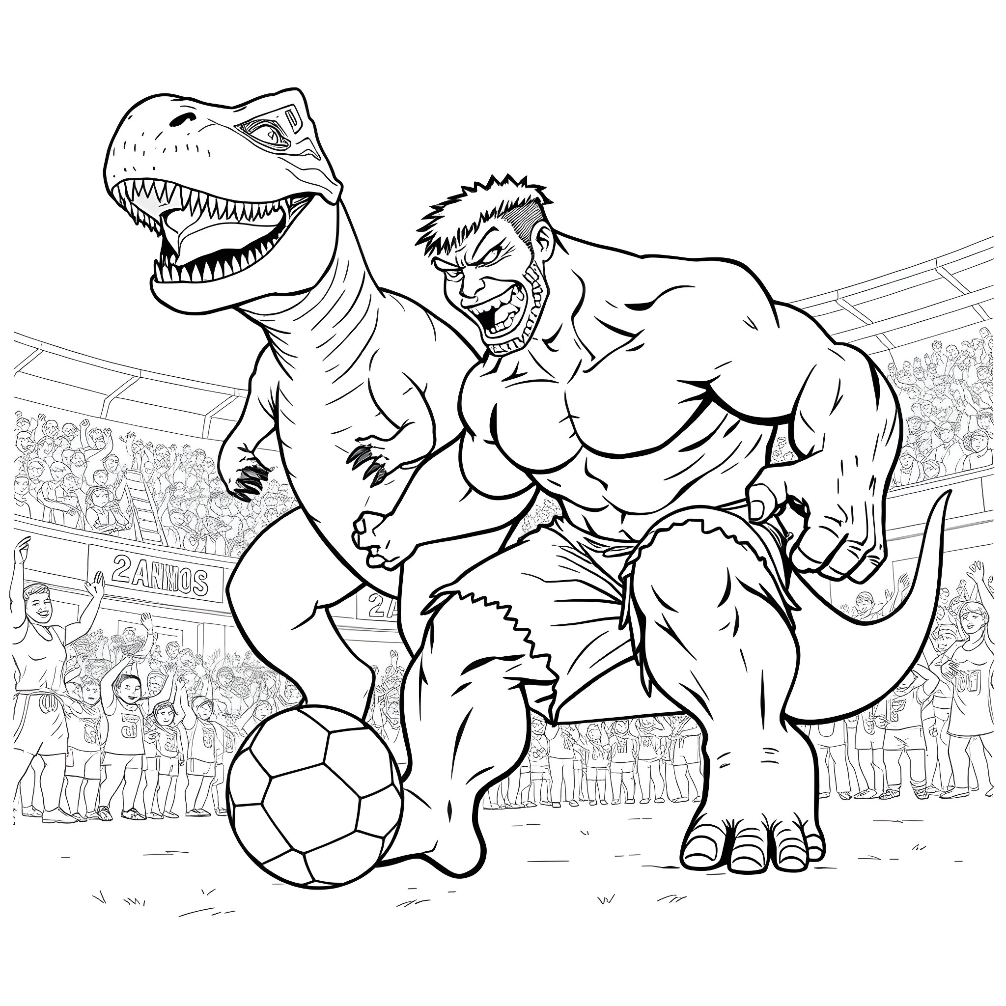 Hulk Playing Football with Dinosaur on the Field Coloring Page (free black-and-white line drawing printable PDF for all, from beginners to advanced learners, including children, teens, adults, and seniors)
