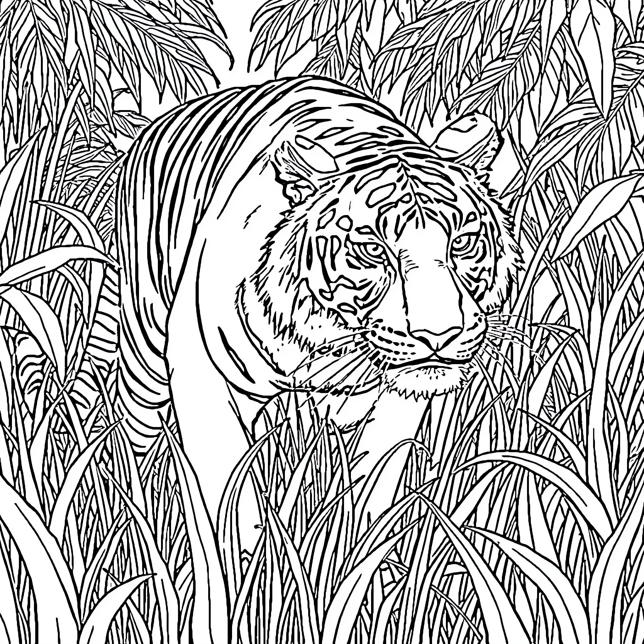 Tiger prowling through the dense jungle Coloring Page (free black-and-white line drawing printable PDF for all, from beginners to advanced learners, including children, teens, adults, and seniors)