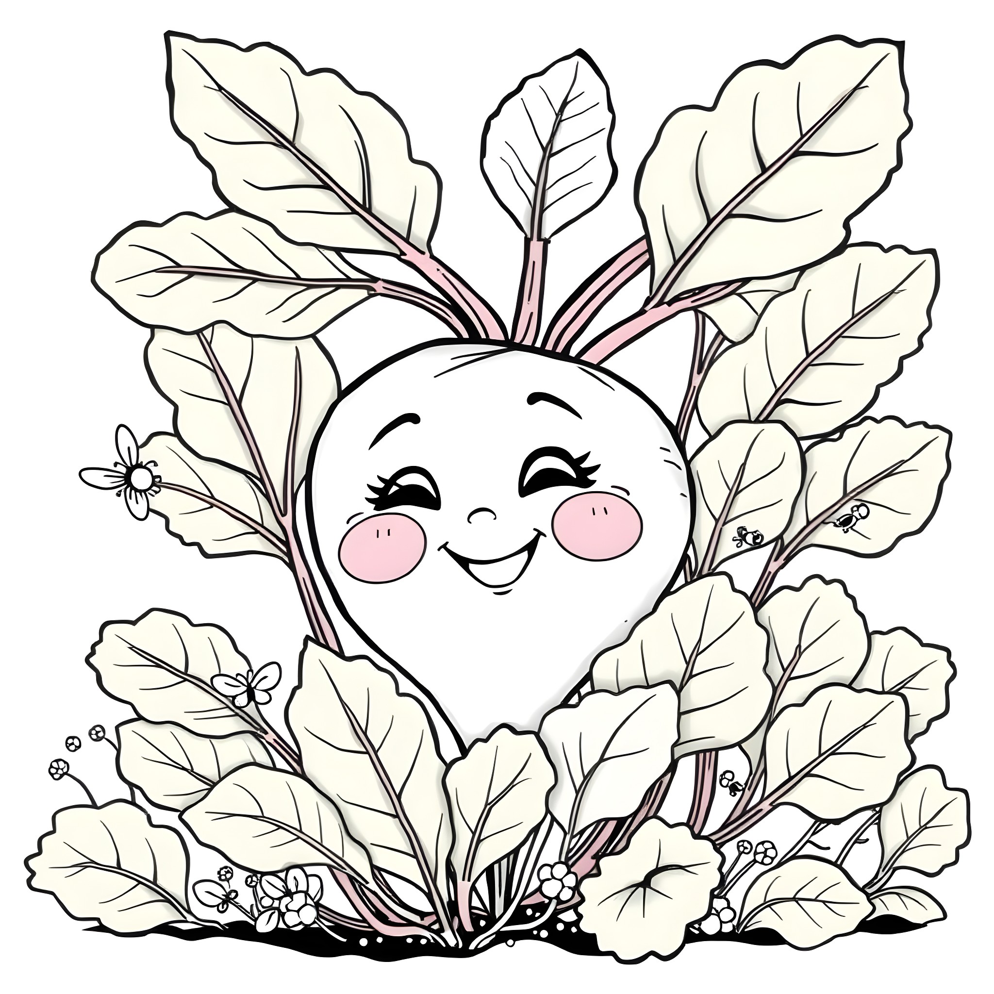 Beetroot with happy expression surrounded by leaves Coloring Page (free black-and-white line drawing printable PDF for all, from beginners to advanced learners, including children, teens, adults, and seniors)