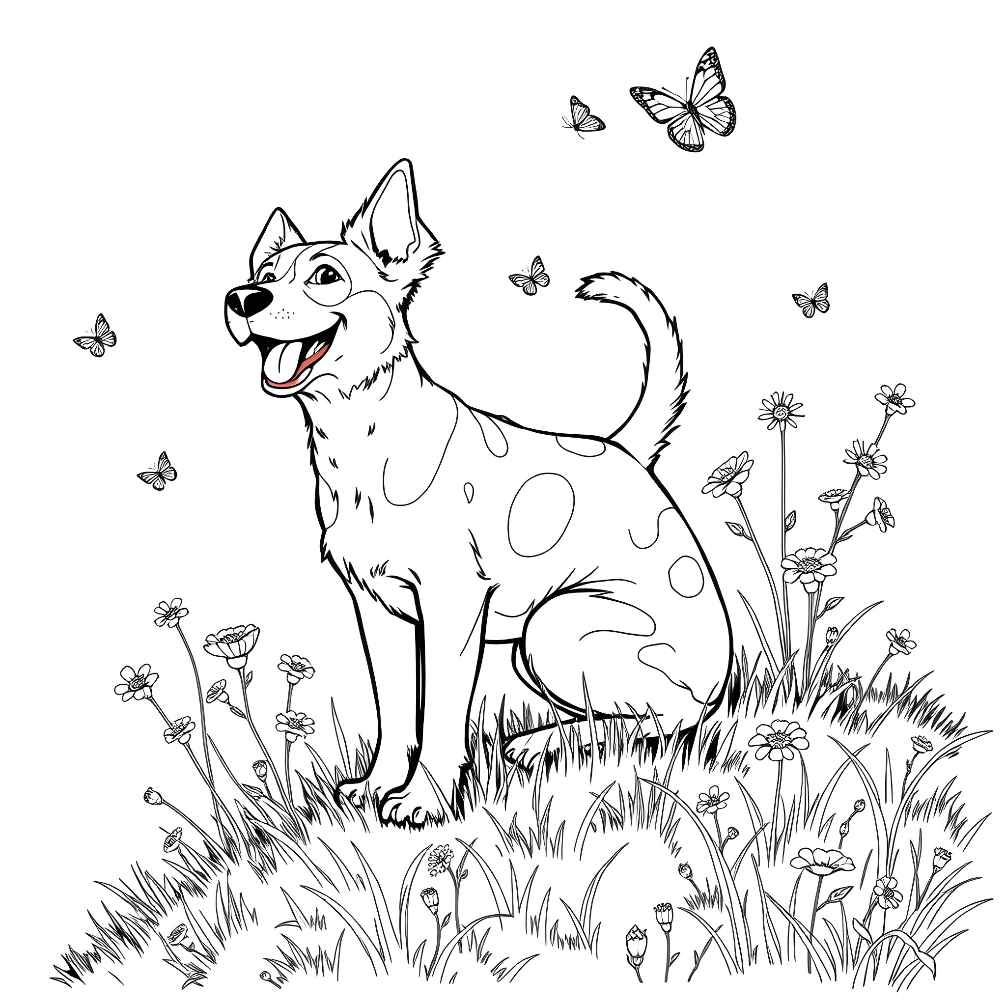 Dog playing happily with butterflies in the meadow Coloring Page (free black-and-white line drawing printable PDF for all, from beginners to advanced learners, including children, teens, adults, and seniors)