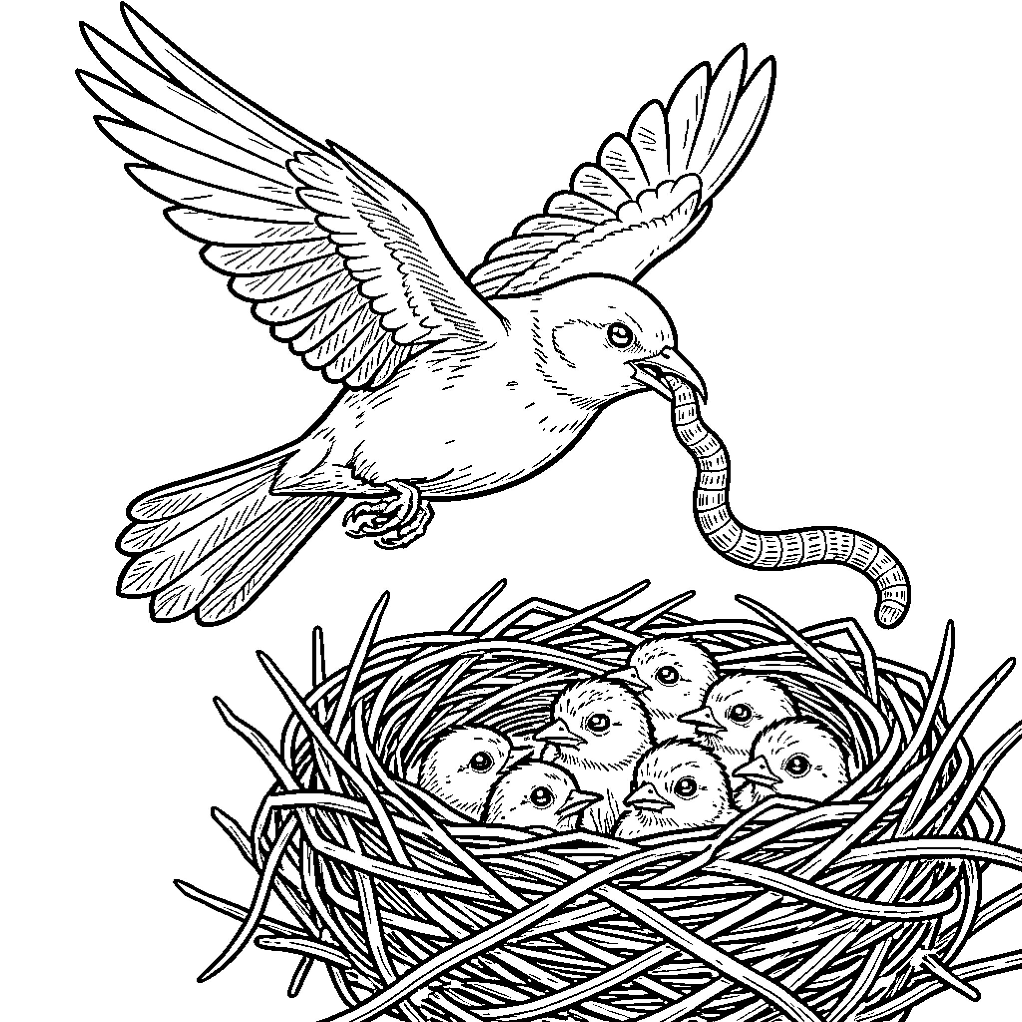 Bird feeding babies in the nest Coloring Page (free black-and-white line drawing printable PDF for all, from beginners to advanced learners, including children, teens, adults, and seniors)