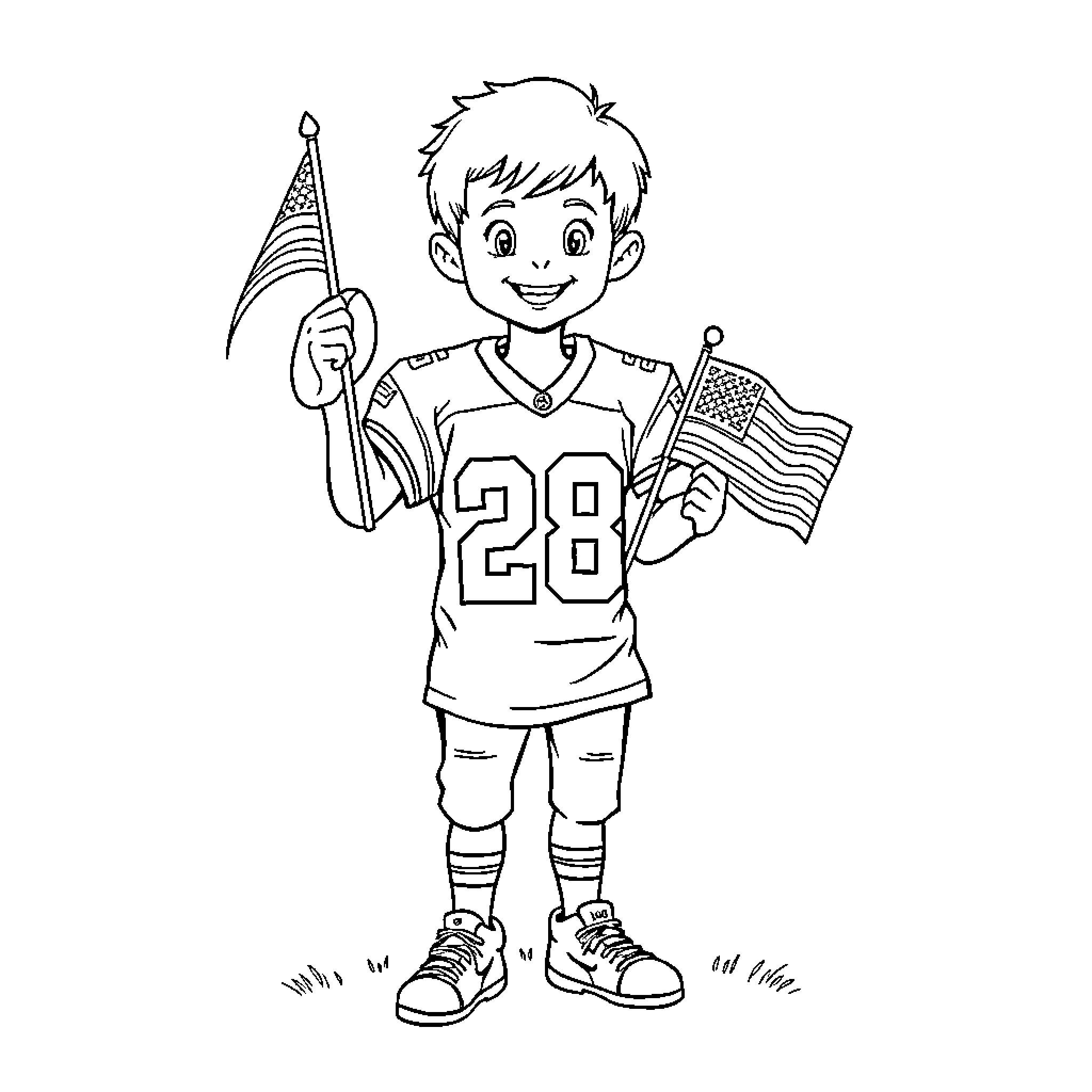 Football Player Waving American Flags Coloring Page (free black-and-white line drawing printable PDF for all, from beginners to advanced learners, including children, teens, adults, and seniors)