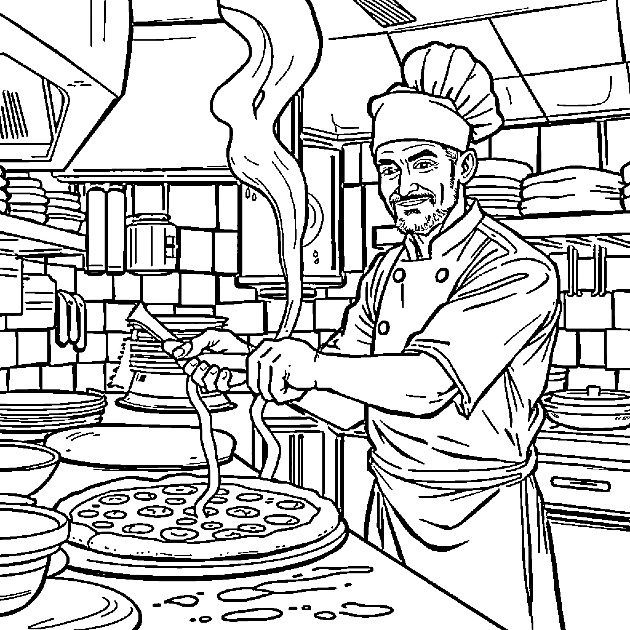 Pizza Maker preparing delicious pizza in the kitchen Coloring Page (free black-and-white line drawing printable PDF for all, from beginners to advanced learners, including children, teens, adults, and seniors)