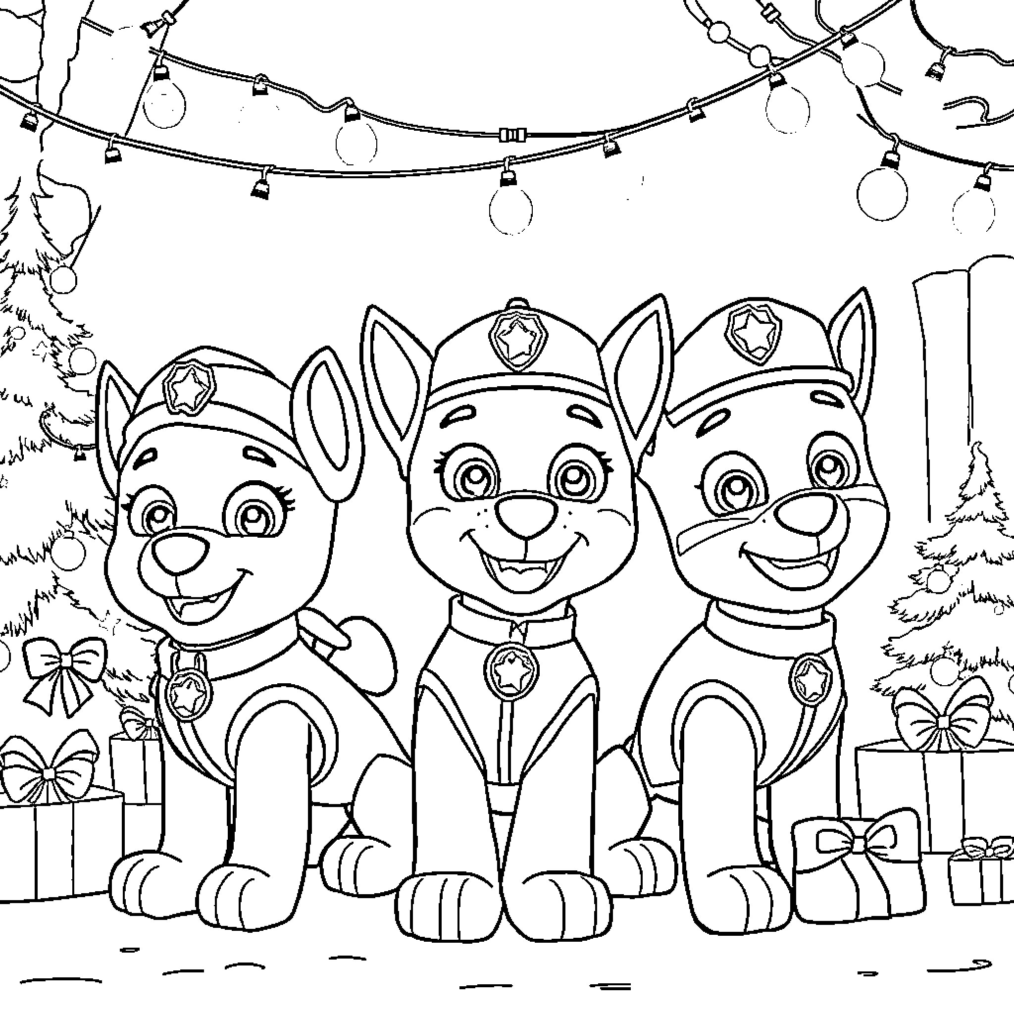 Paw Patrol Puppies Celebrate with Festive Decorations Coloring Page (free black-and-white line drawing printable PDF for all, from beginners to advanced learners, including children, teens, adults, and seniors)