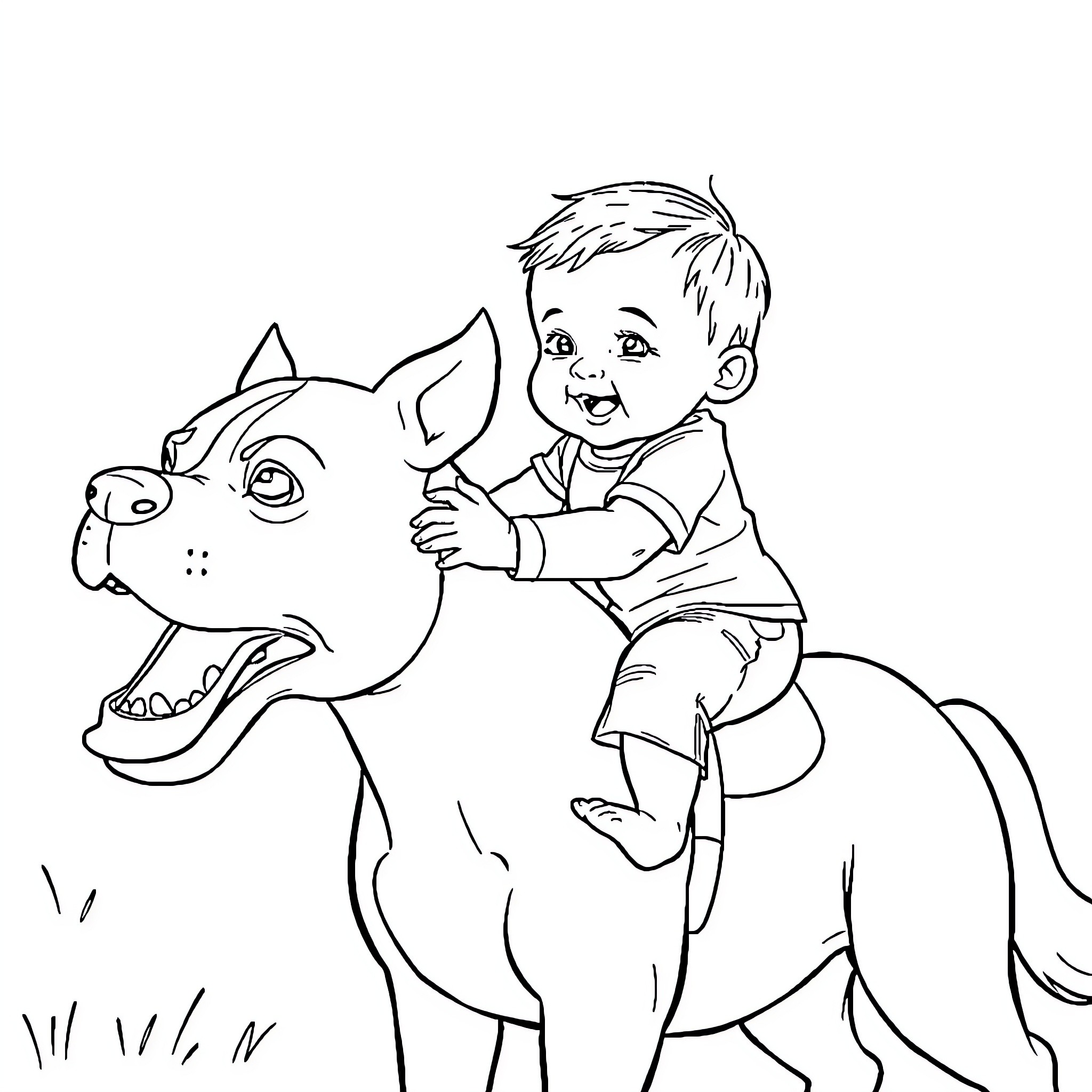Baby playing happily with a friendly dog Coloring Page (free black-and-white line drawing printable PDF for all, from beginners to advanced learners, including children, teens, adults, and seniors)