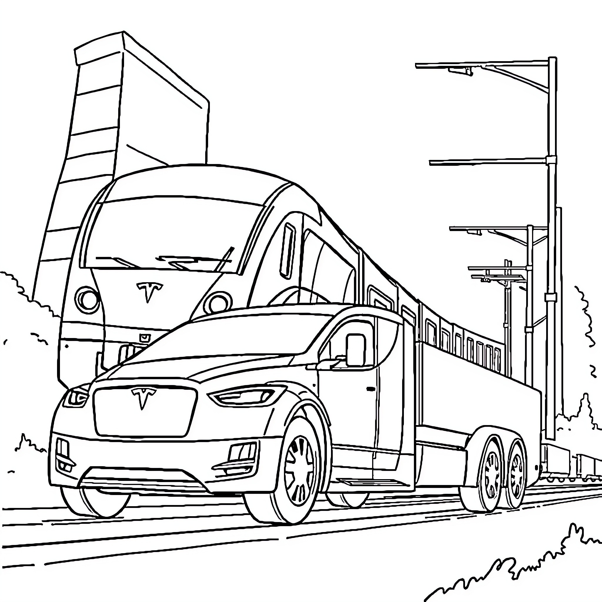 Truck transporting vehicles on the road Coloring Page (free black-and-white line drawing printable PDF for all, from beginners to advanced learners, including children, teens, adults, and seniors)