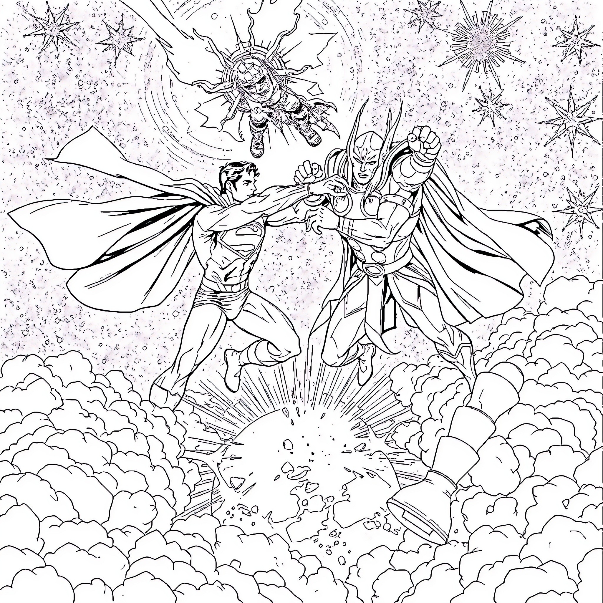 Superman's Cosmic Clash with a Powerful Adversary Coloring Page (free black-and-white line drawing printable PDF for all, from beginners to advanced learners, including children, teens, adults, and seniors)