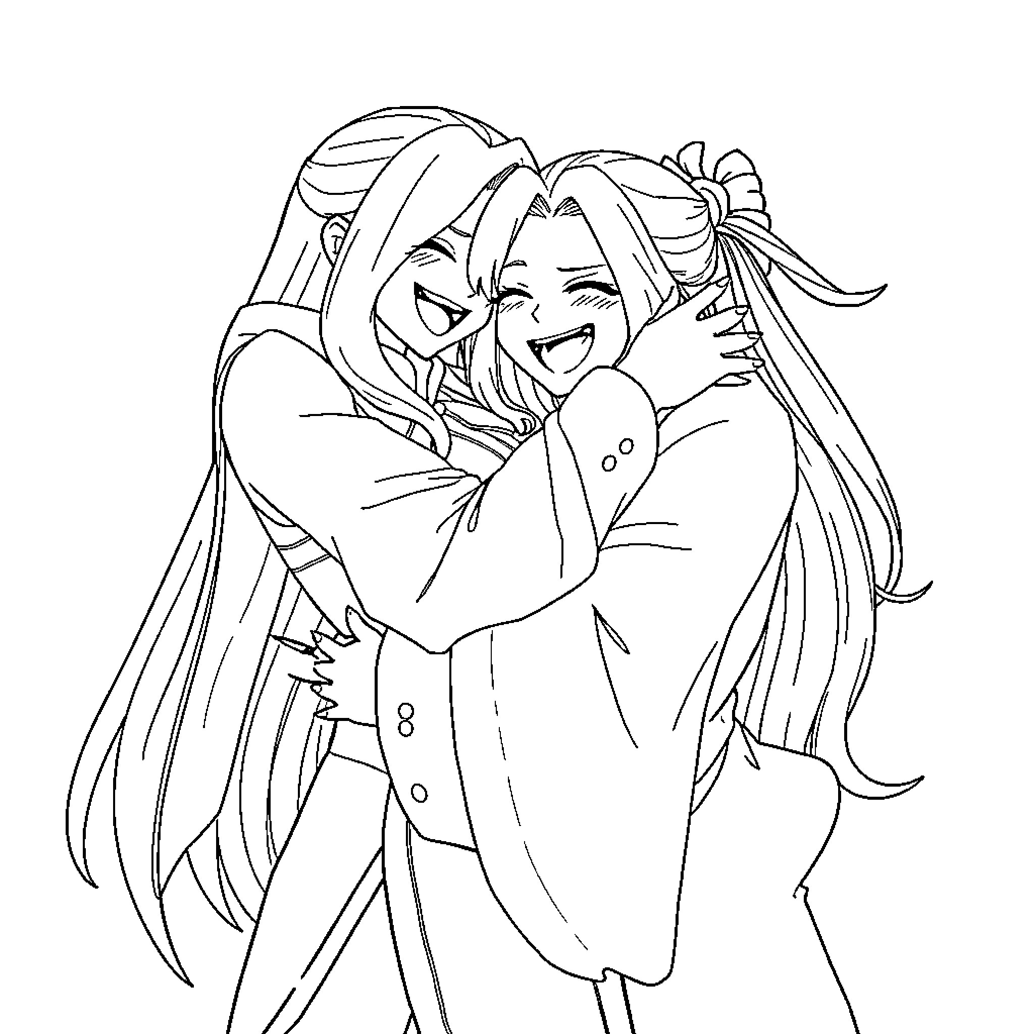 Tsunade's Joyful Embrace Coloring Page (free black-and-white line drawing printable PDF for all, from beginners to advanced learners, including children, teens, adults, and seniors)