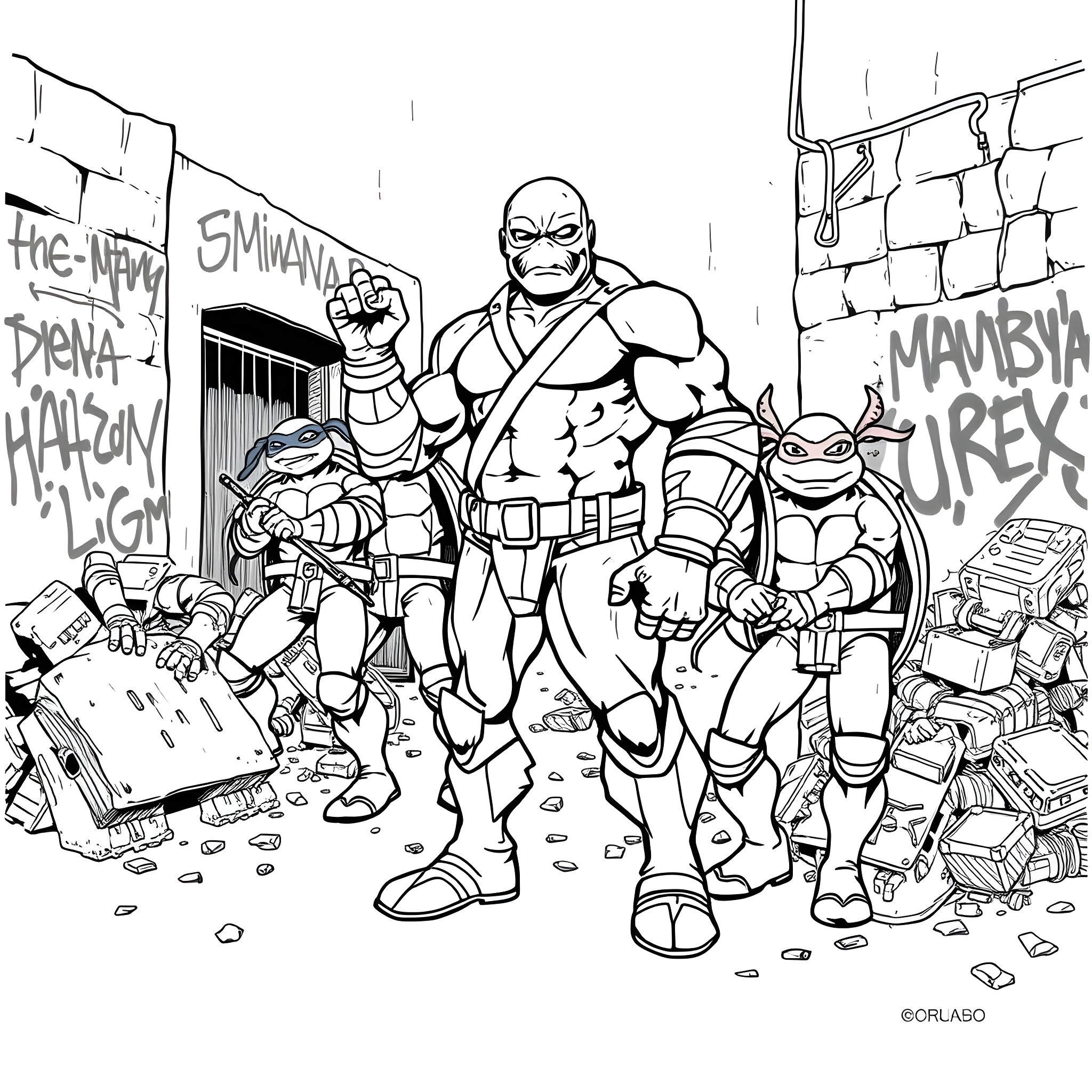 Toxic Avenger and Mutant Vigilantes Confronting Graffiti-Covered Urban Chaos Coloring Page (free black-and-white line drawing printable PDF for all, from beginners to advanced learners, including children, teens, adults, and seniors)