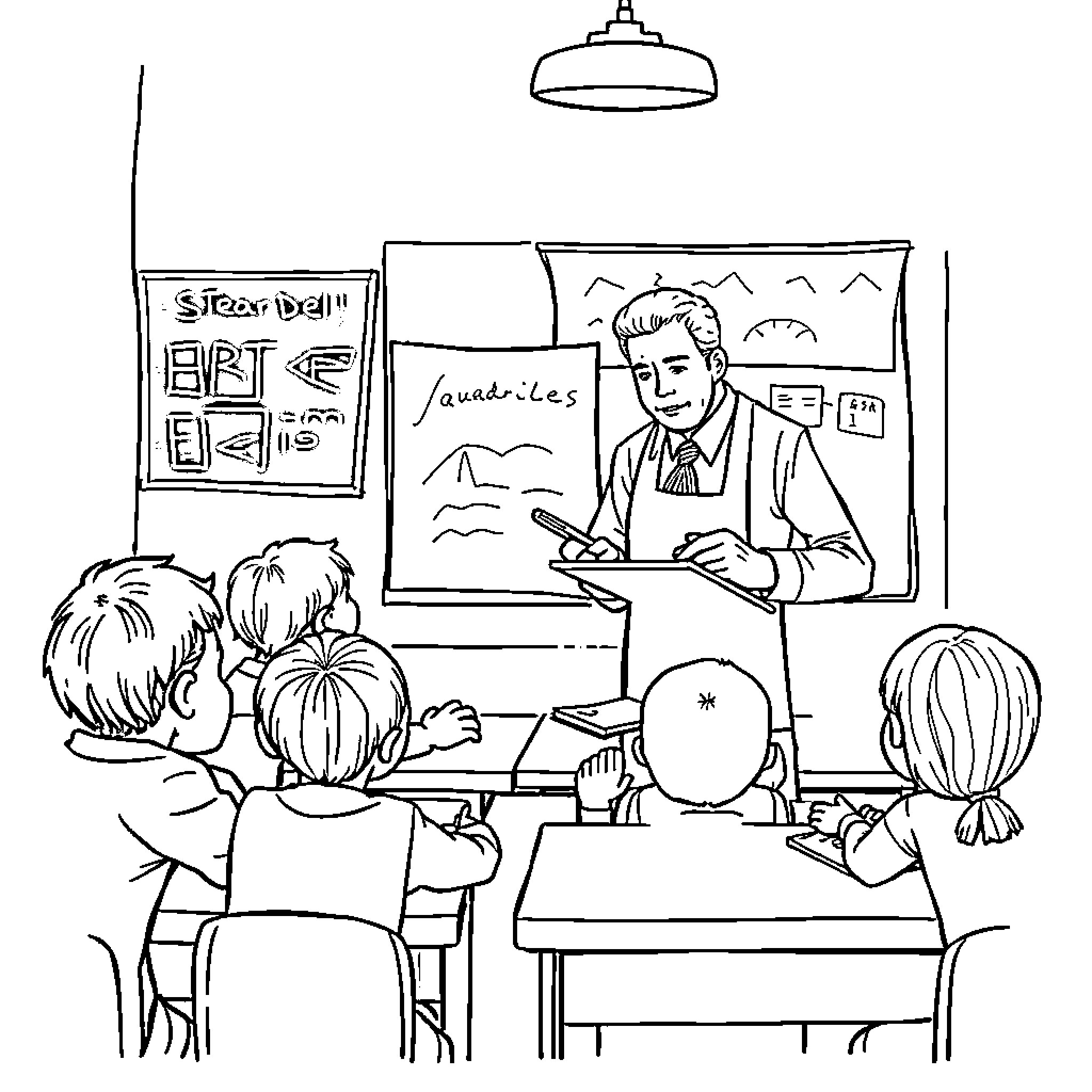 Teacher demonstrating geometry concepts to students in class Coloring Page (free black-and-white line drawing printable PDF for all, from beginners to advanced learners, including children, teens, adults, and seniors)