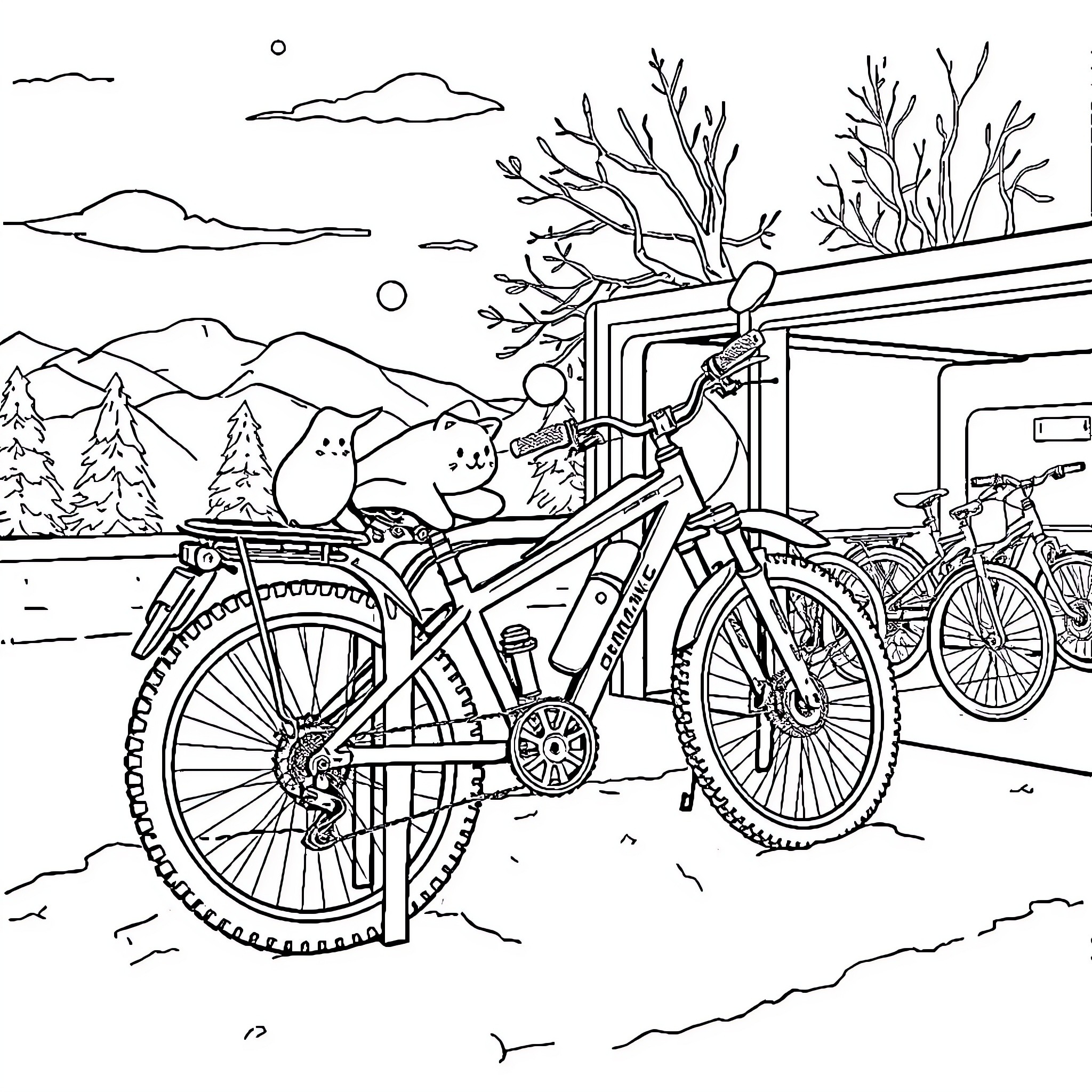 Ski trip with outdoor recreation equipment Coloring Page (free black-and-white line drawing printable PDF for all, from beginners to advanced learners, including children, teens, adults, and seniors)