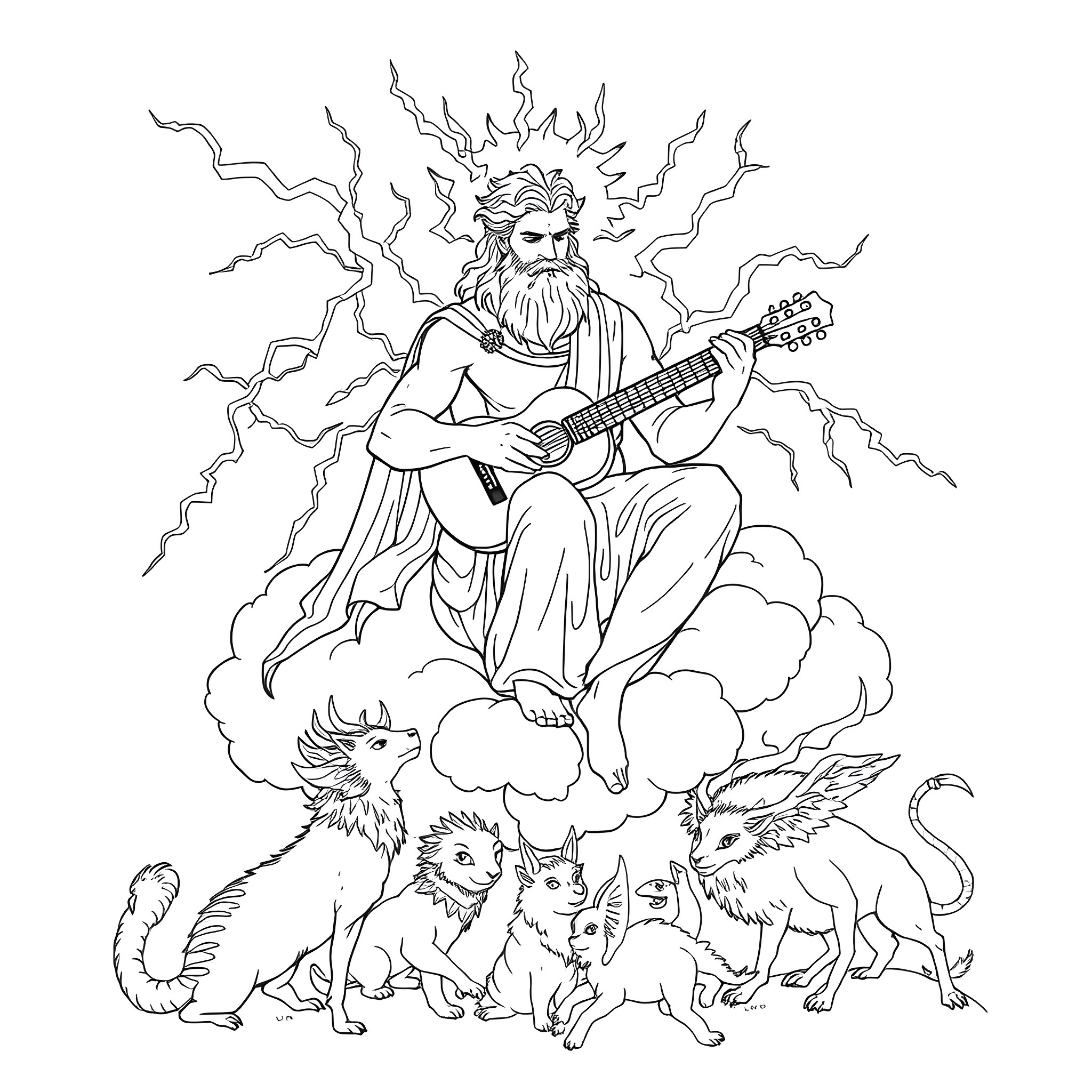 Zeus playing guitar amidst mythical creatures Coloring Page (free black-and-white line drawing printable PDF for all, from beginners to advanced learners, including children, teens, adults, and seniors)